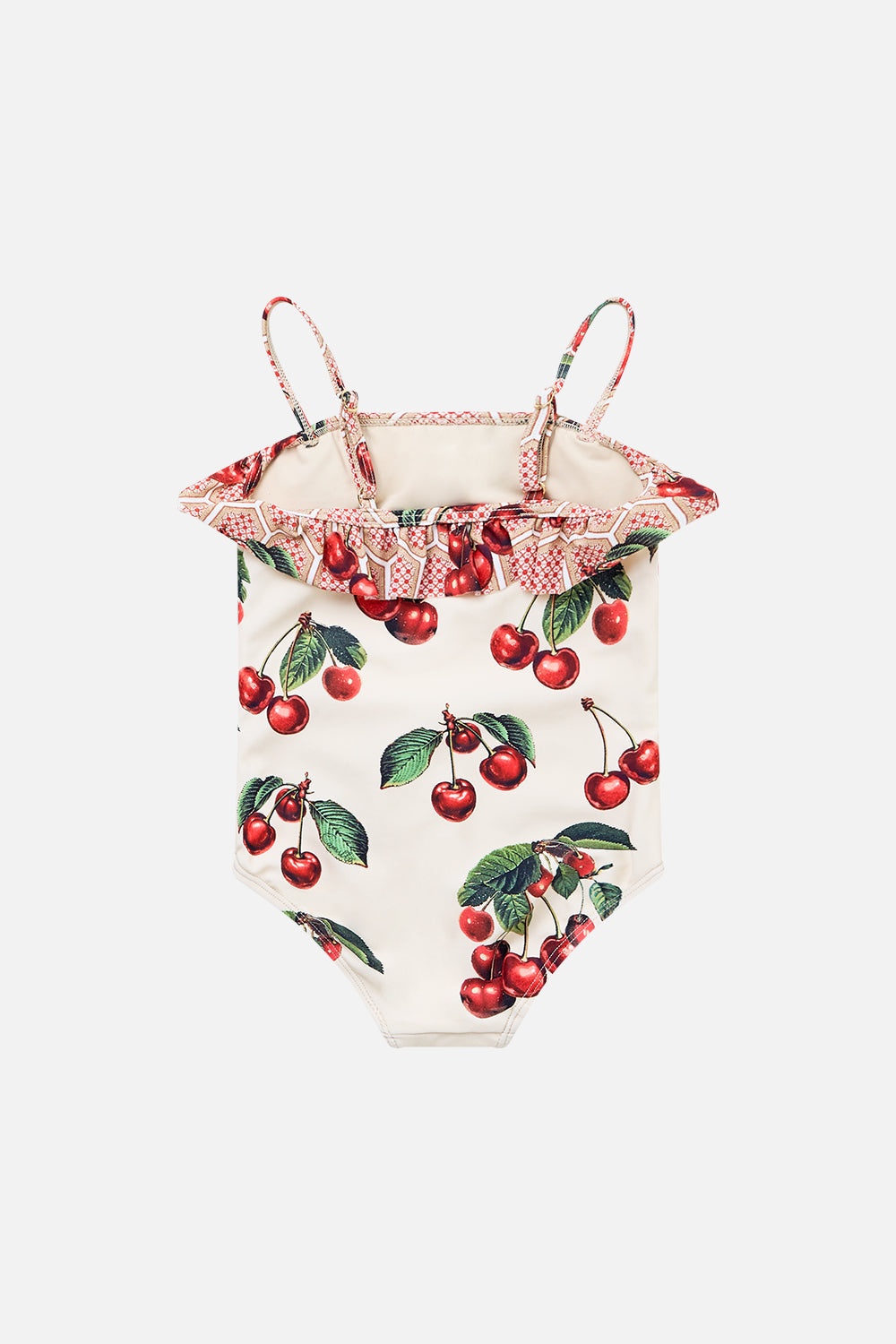 The CAMILLA BABIES STRAIGHT NECK ONE PIECE WITH FRILL NOTES FROM THE ROAD in our  print.