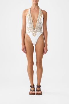 PLUNGE HALTER ONE PIECE WITH PLEATED WAIST TRIM OTTOMAN DYNASTY