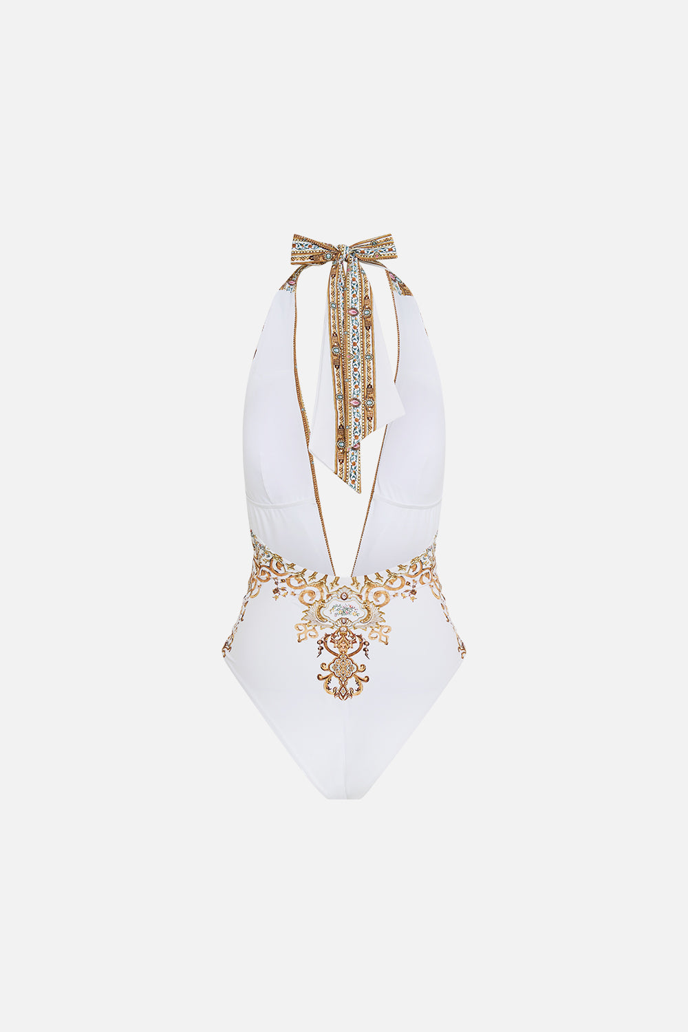 The CAMILLA plunge halter one piece with pleated waist trim from our print Ottoman dynasty, back product view