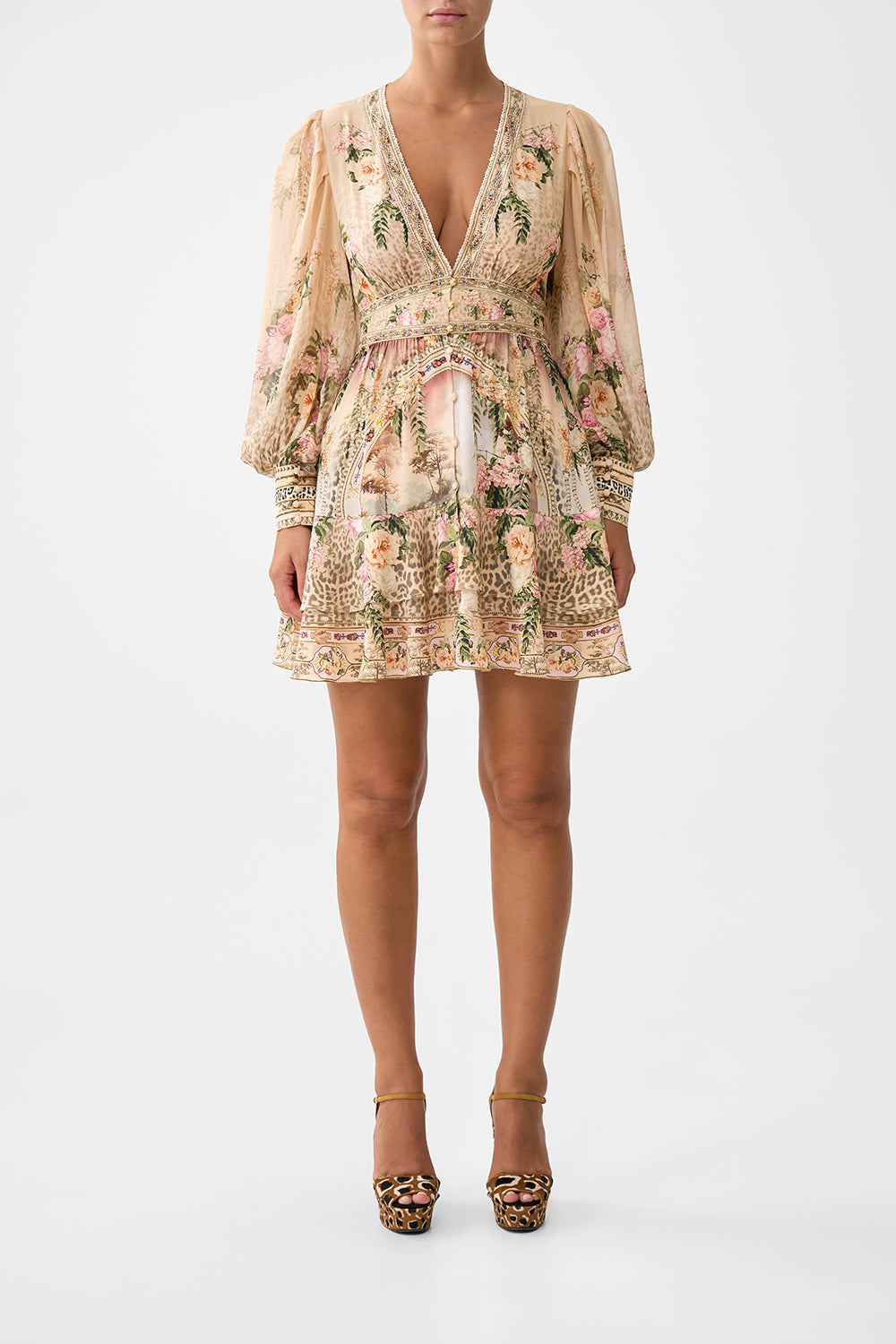 The CAMILLA BUTTON FRONT FRILL DRESS WATERCOLOUR WONDERLAND in our WATERCOLOUR WONDERLAND print.