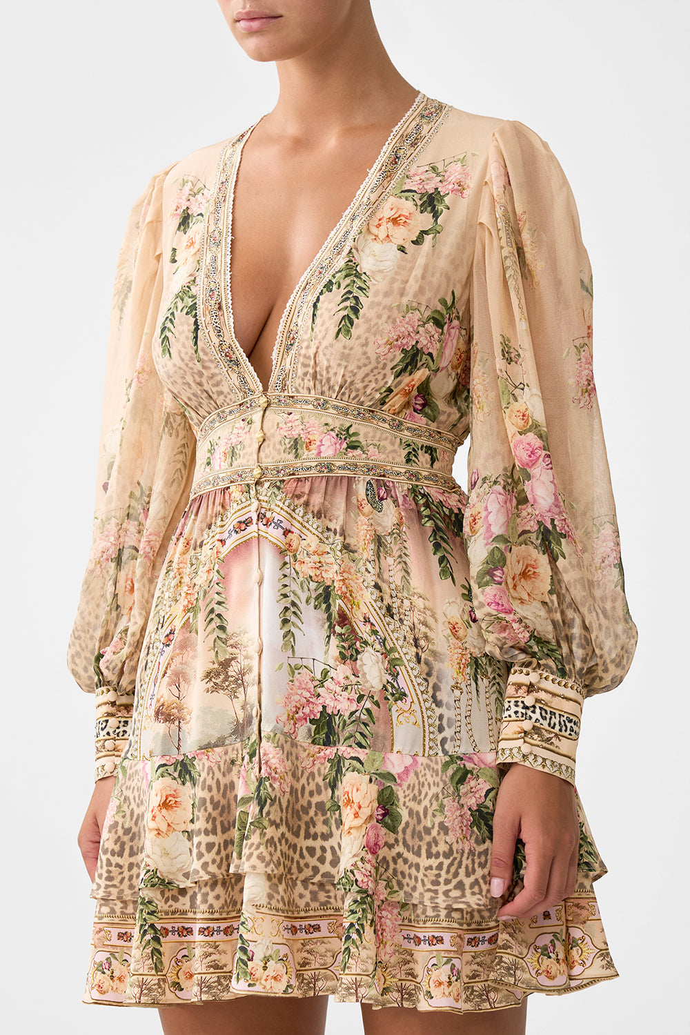 The CAMILLA BUTTON FRONT FRILL DRESS WATERCOLOUR WONDERLAND in our  print.