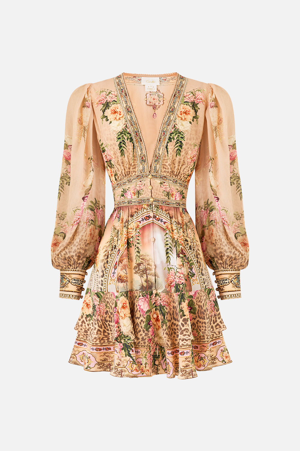 The CAMILLA BUTTON FRONT FRILL DRESS WATERCOLOUR WONDERLAND in our  print.