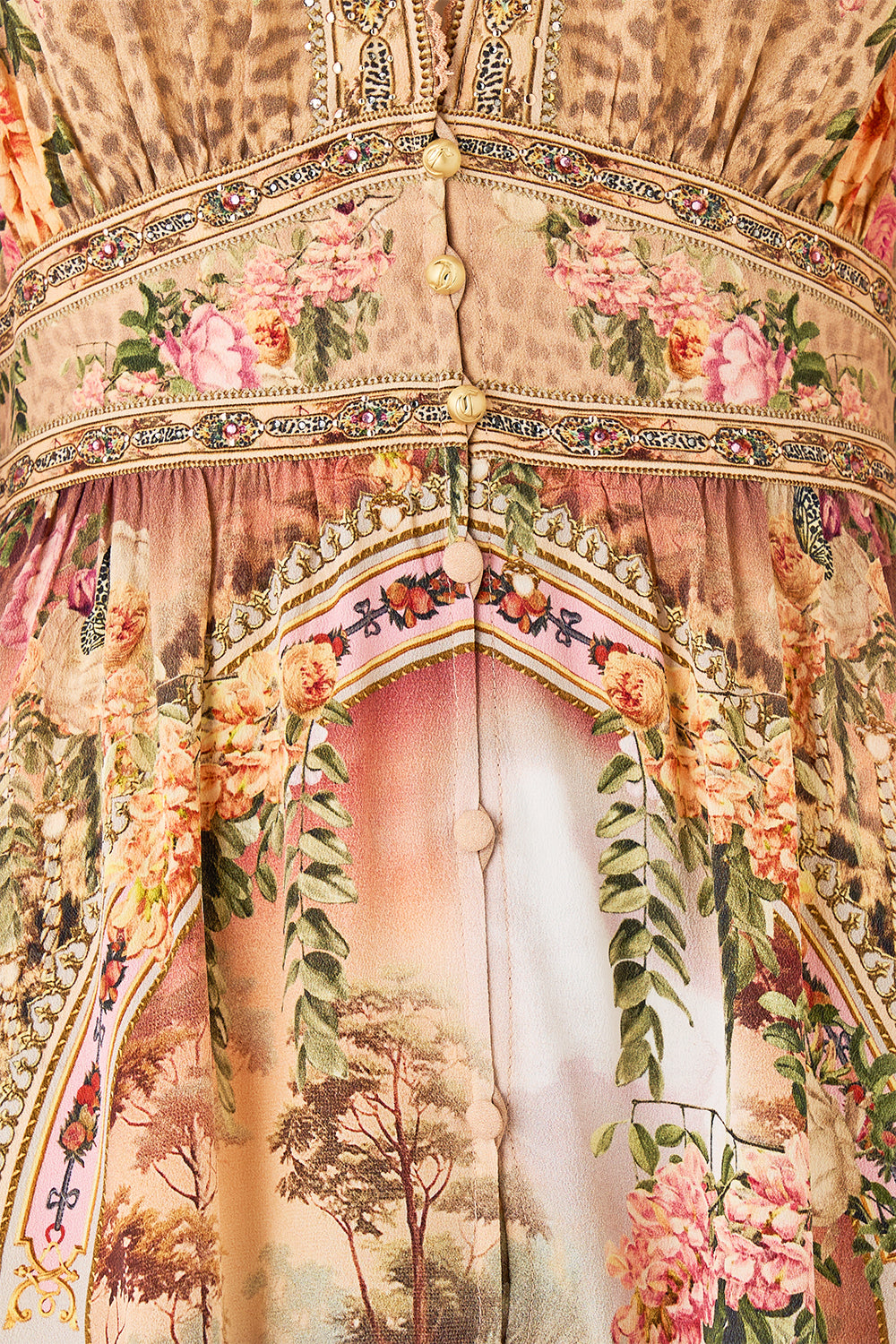 The CAMILLA BUTTON FRONT FRILL DRESS WATERCOLOUR WONDERLAND in our  print.