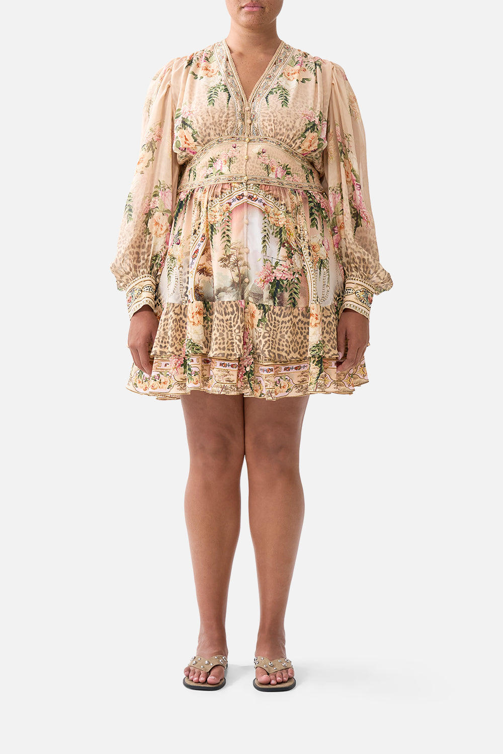 The CAMILLA BUTTON FRONT FRILL DRESS WATERCOLOUR WONDERLAND in our  print.