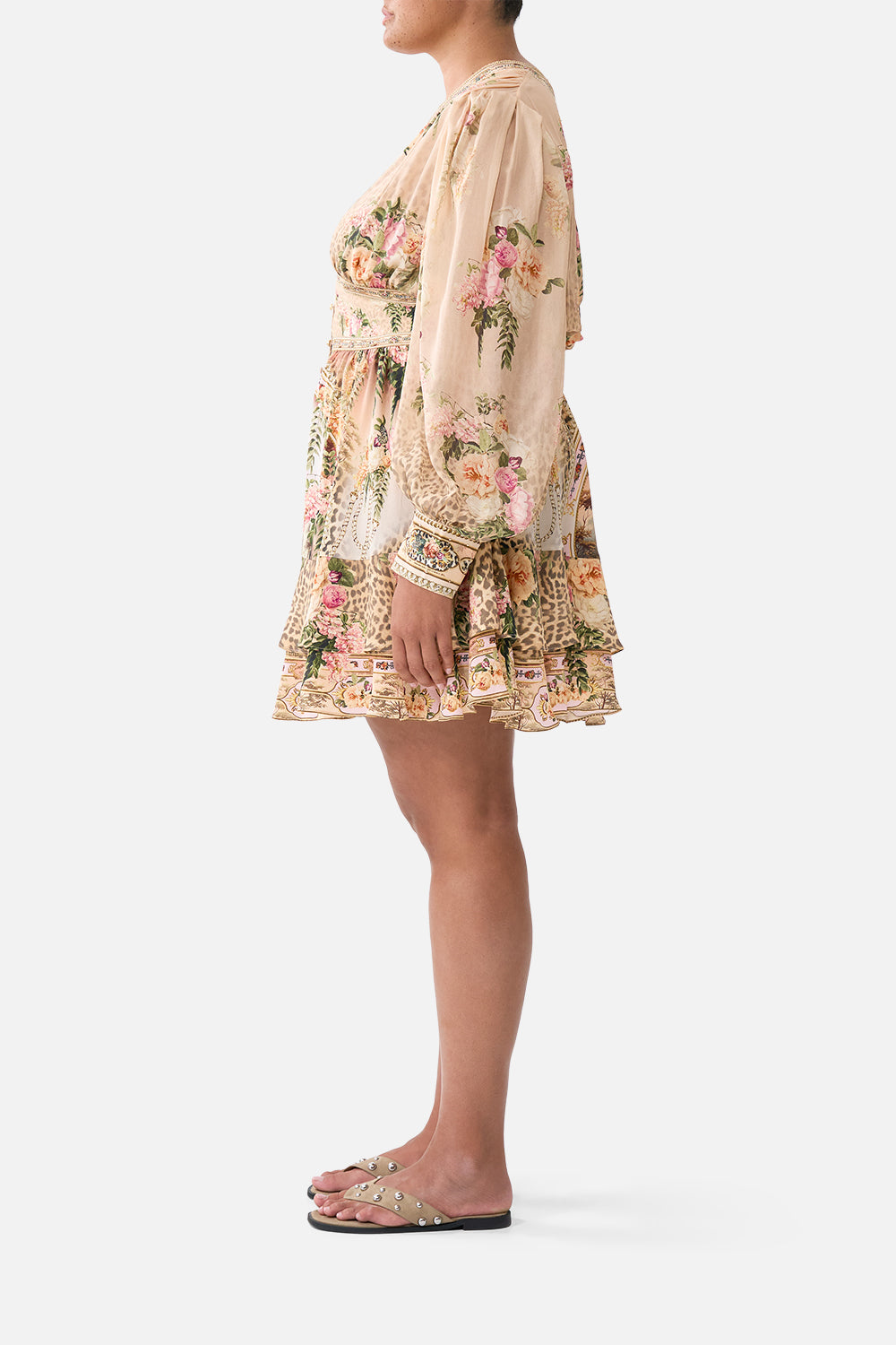 The CAMILLA BUTTON FRONT FRILL DRESS WATERCOLOUR WONDERLAND in our  print.