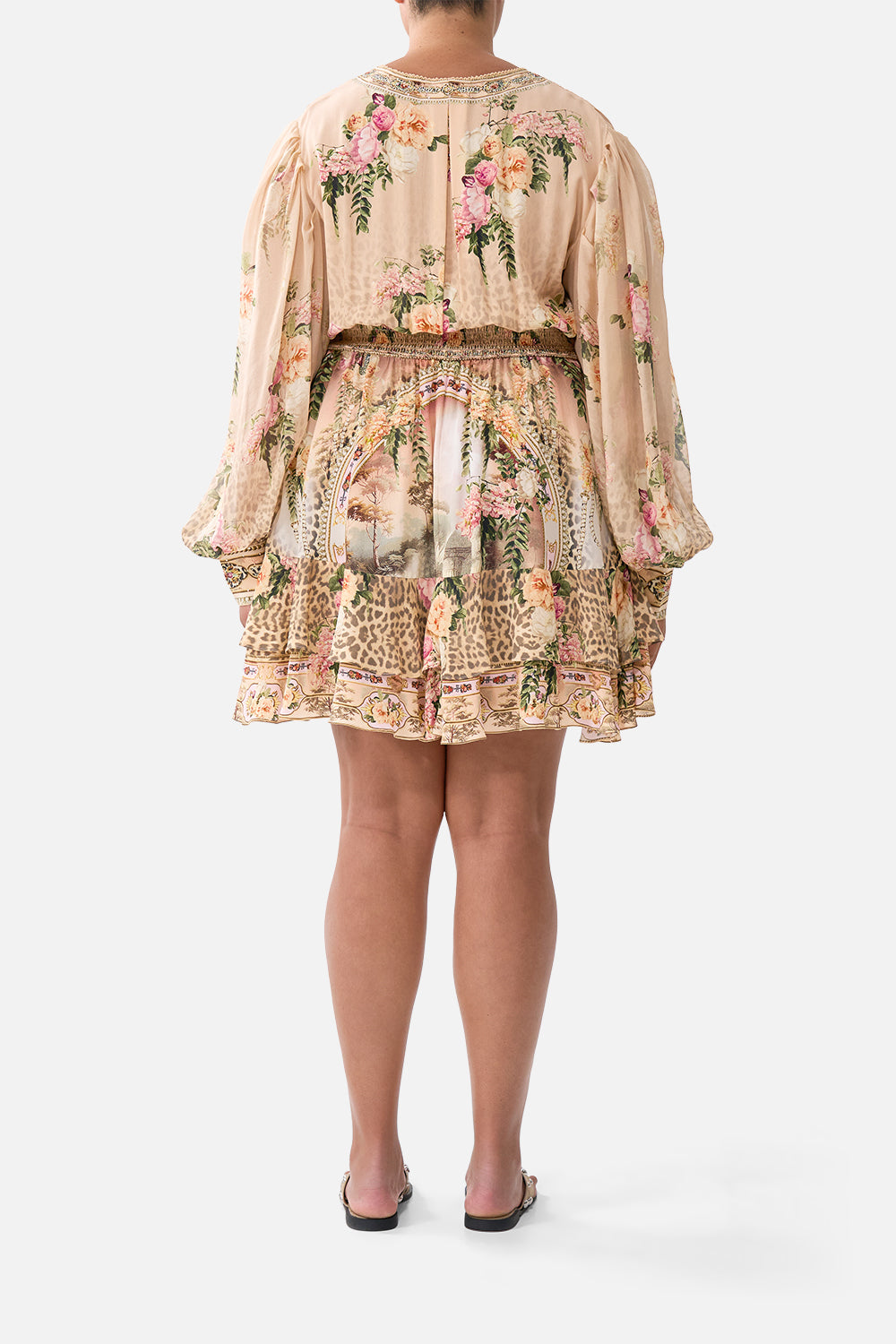 The CAMILLA BUTTON FRONT FRILL DRESS WATERCOLOUR WONDERLAND in our  print.