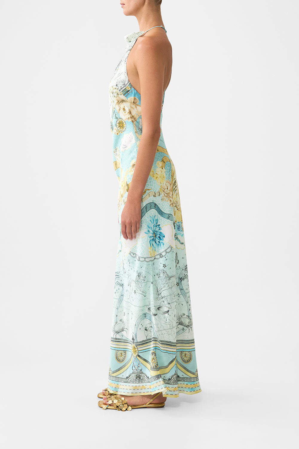 The CAMILLA HALTER CHAIN SLIP DRESS MY LUCKY STARS in our  print.