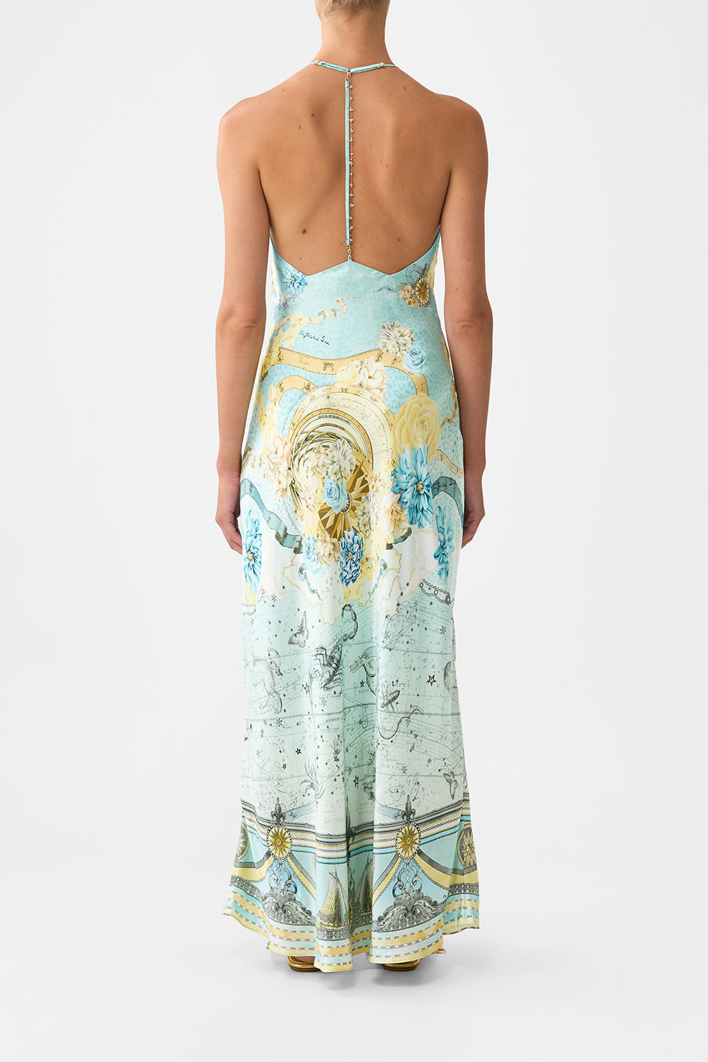 The CAMILLA HALTER CHAIN SLIP DRESS MY LUCKY STARS in our  print.