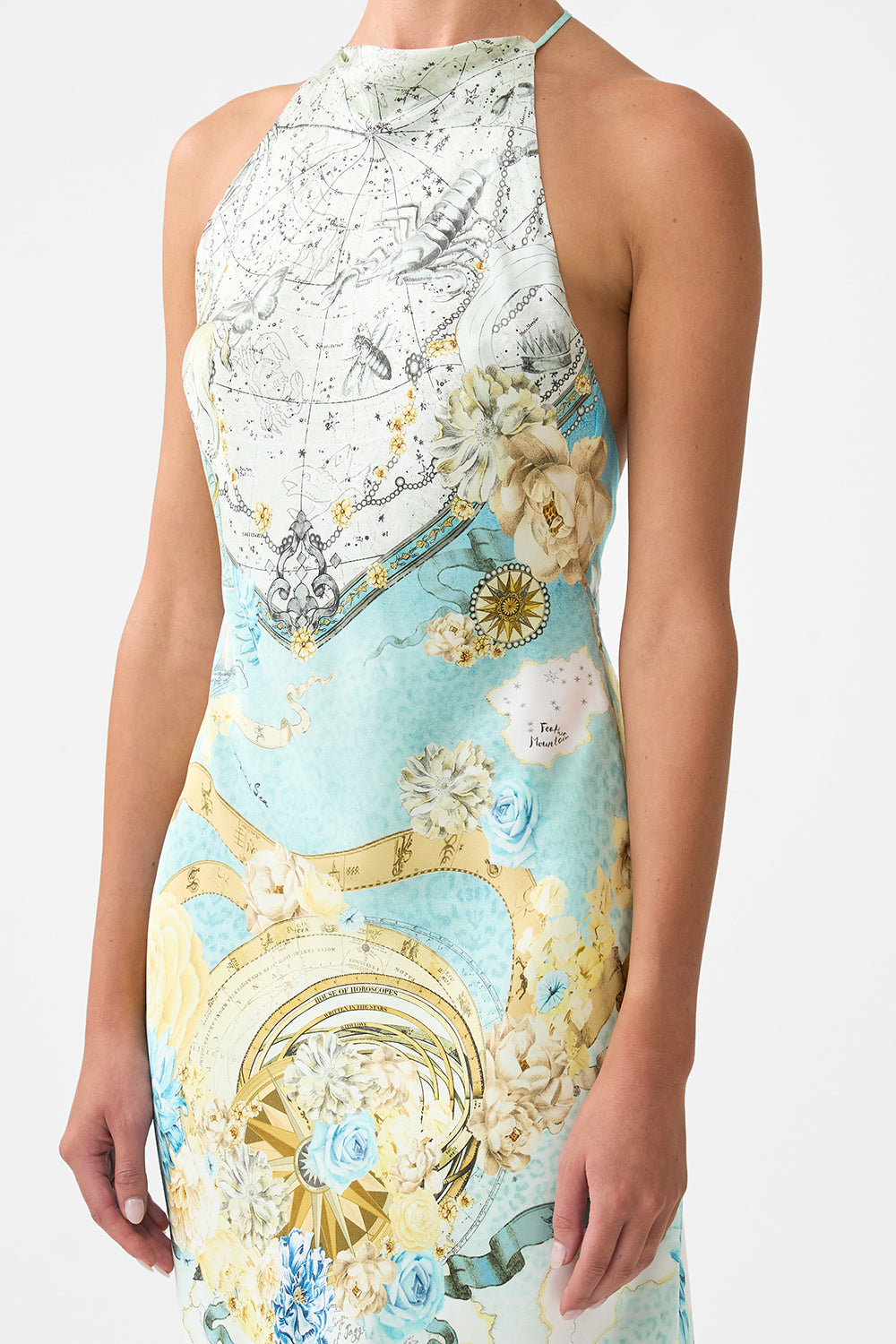 The CAMILLA HALTER CHAIN SLIP DRESS MY LUCKY STARS in our  print.
