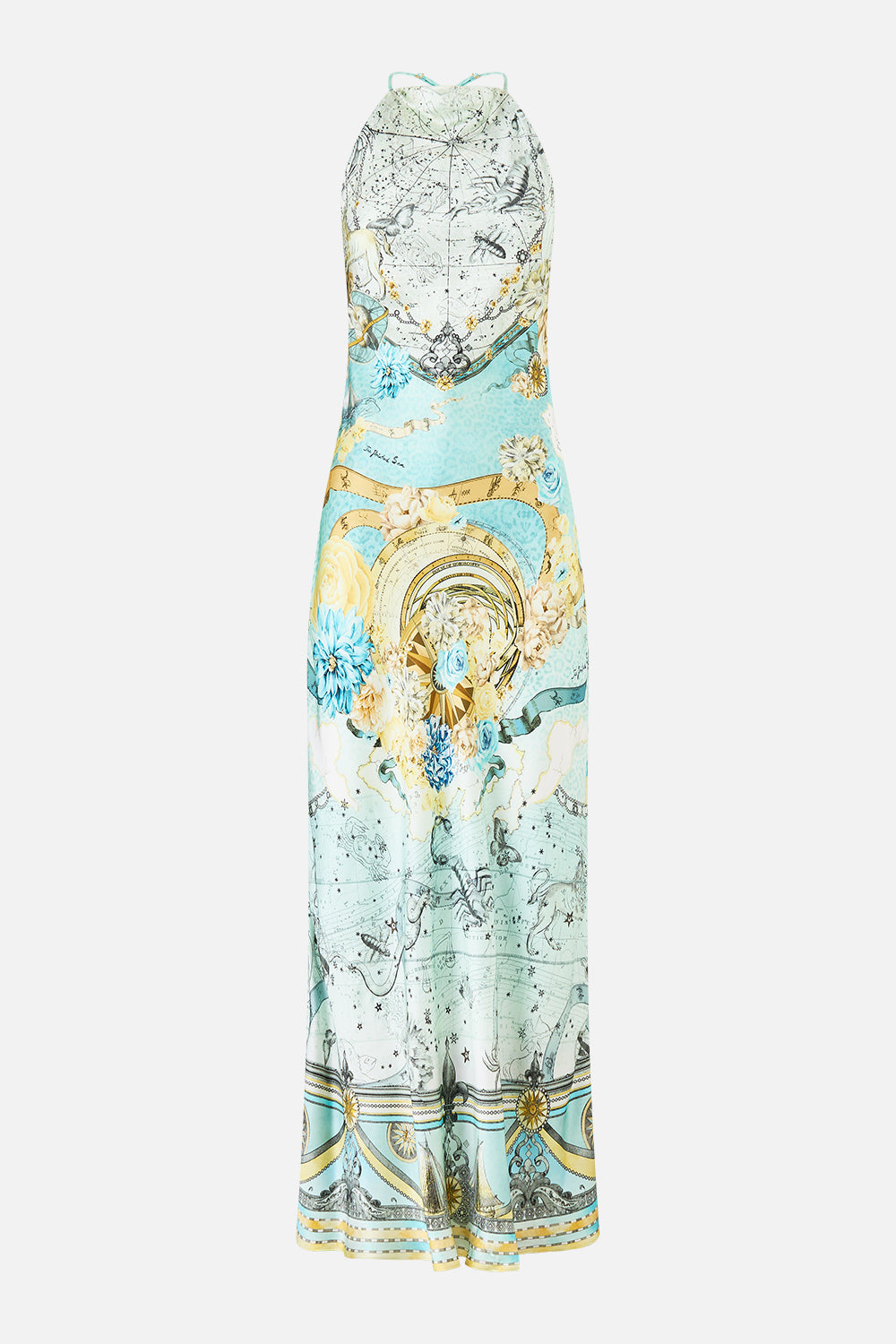 The CAMILLA HALTER CHAIN SLIP DRESS MY LUCKY STARS in our  print.