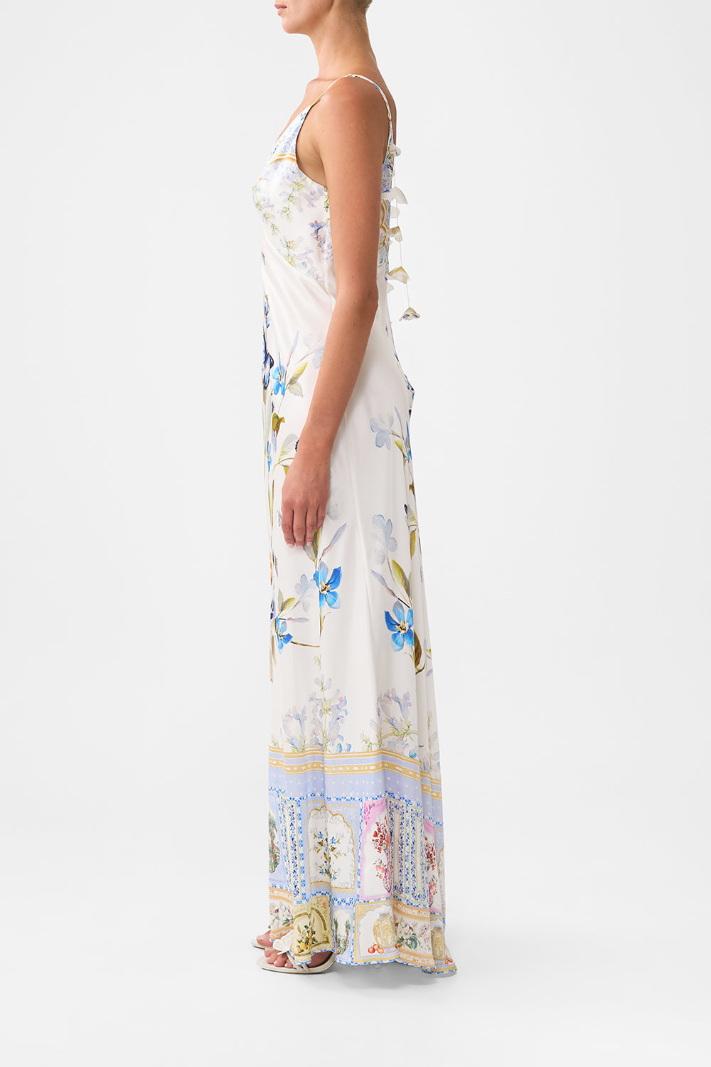 V-NECK LONG BIAS SLIP DRESS WITH TRAIN BOTANICAL BALLADS