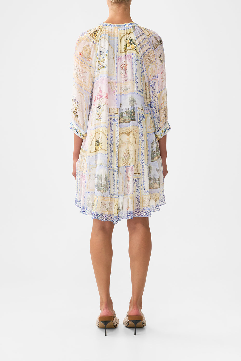 The CAMILLA SHORT GATHERED PANEL DRESS BOTANICAL BALLADS in our  print.