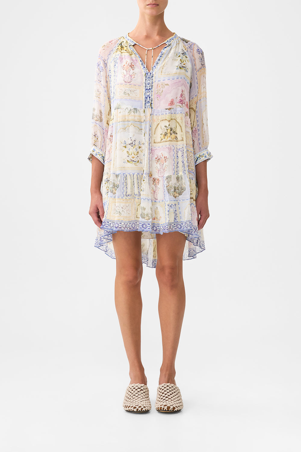 The CAMILLA SHORT GATHERED PANEL DRESS BOTANICAL BALLADS in our  print.