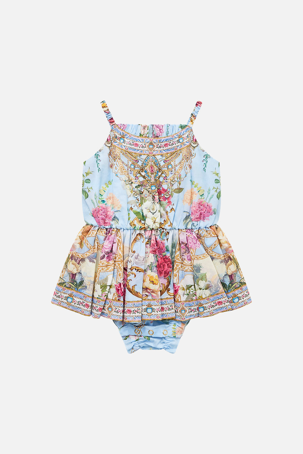 The CAMILLA BABIES JUMP DRESS WITH FRILL NECK TILED IN TIME in our TILED IN TIME print.