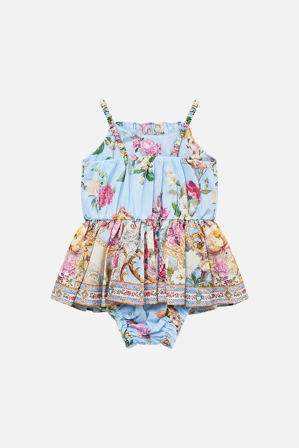 The CAMILLA BABIES JUMP DRESS WITH FRILL NECK TILED IN TIME in our  print.