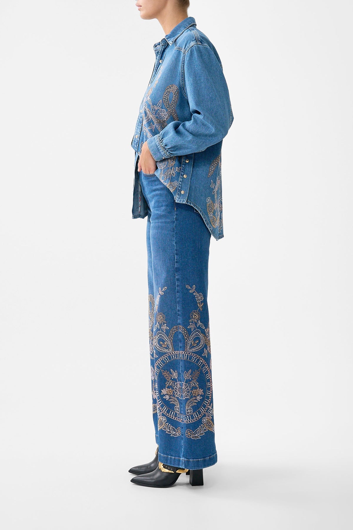 The CAMILLA Jenna Ace Of Lace High Waisted Flare in our Denim print.