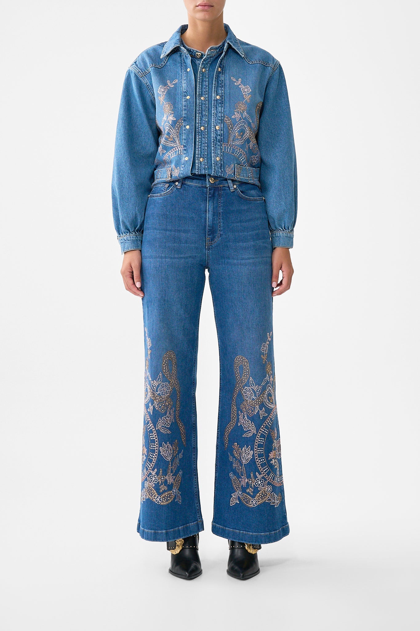 The CAMILLA Jenna Ace Of Lace High Waisted Flare in our Denim print.