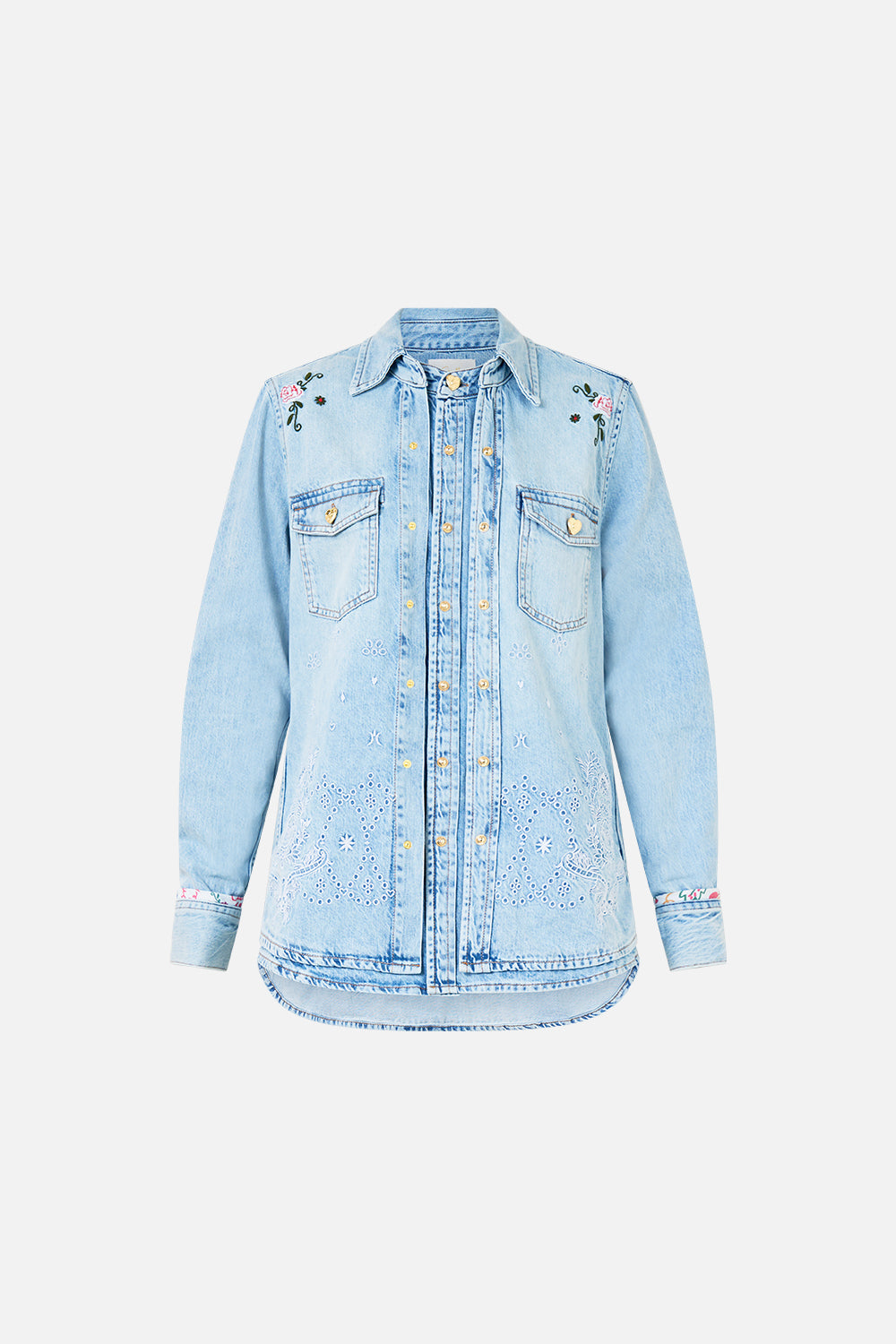 The CAMILLA SOPHY KITSCH STITCH RELAXED SHIRT DENIM in our  print.