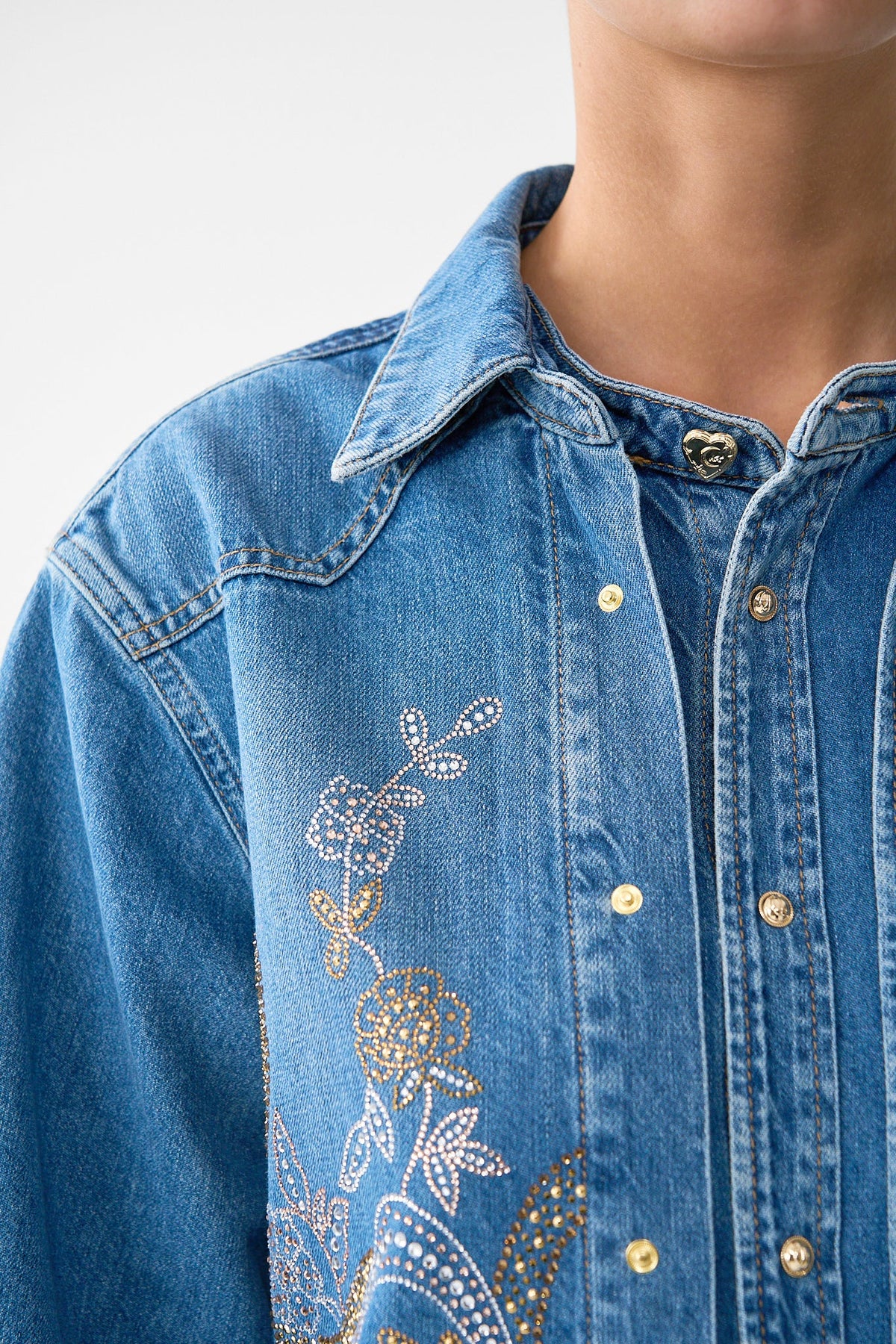 The CAMILLA Lalita Ace Of Lace Long Line Shirt in our Denim print.