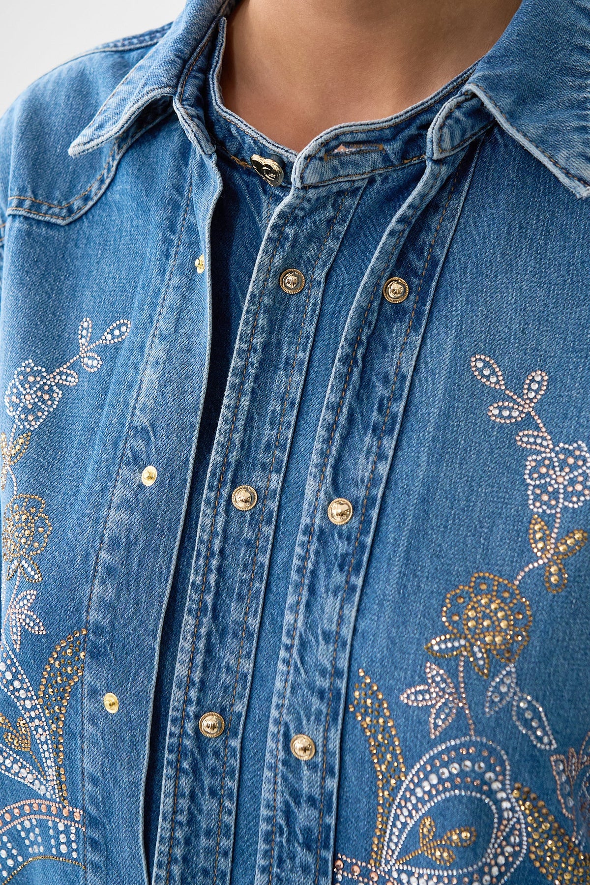 The CAMILLA Lalita Ace Of Lace Long Line Shirt in our Denim print.