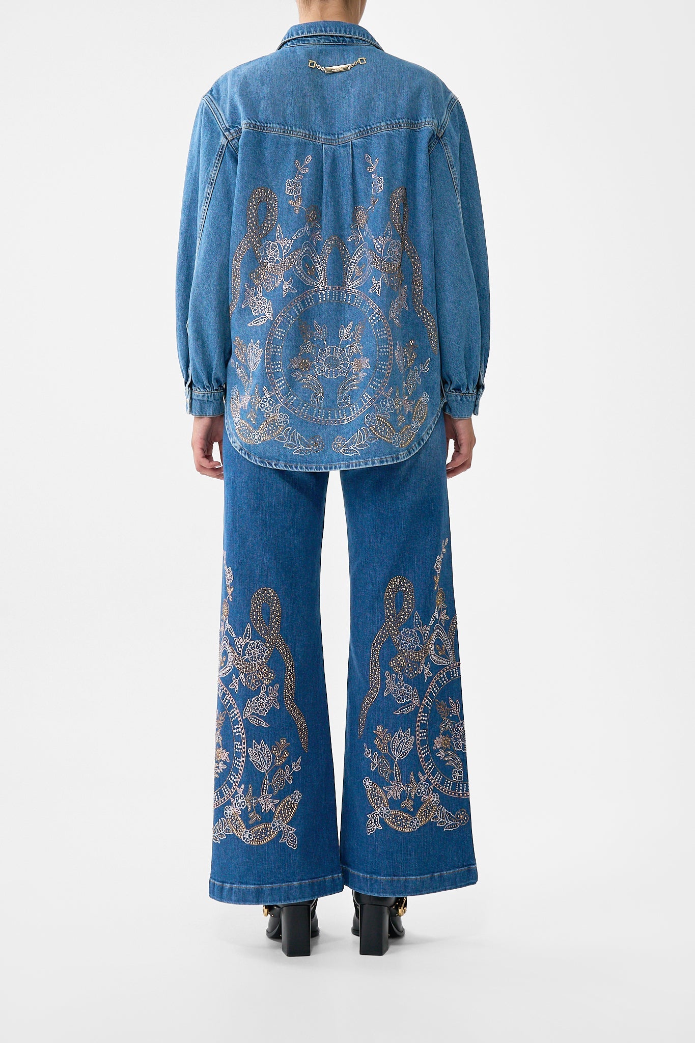 The CAMILLA Lalita Ace Of Lace Long Line Shirt in our Denim print.