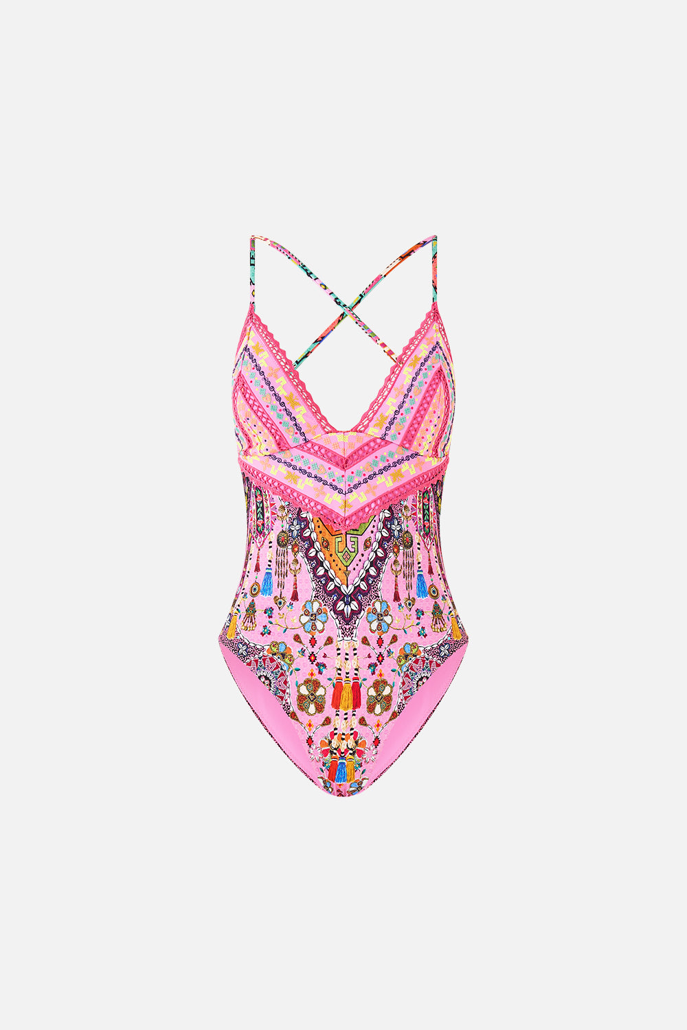 EMBROIDERED TRI ONE PIECE W TIE BACK PATCHWORK PANORAMA
