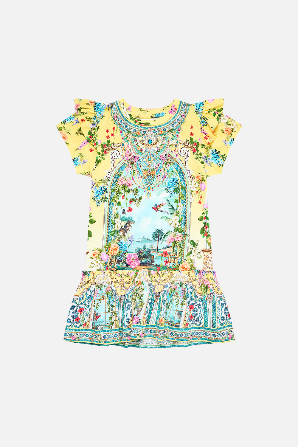 The CAMILLA KIDS TEE MINI DRESS WITH FRILL SHOULDER AND HEM TALES OF TOPKAPI PALACE in our TALES OF TOPKAPI PALACE print.