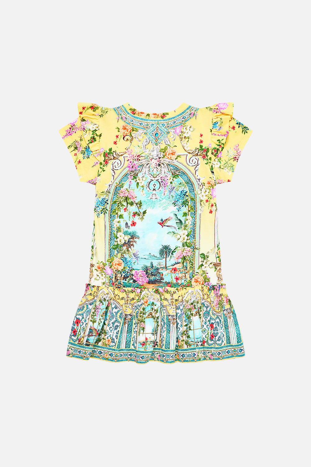 The CAMILLA KIDS TEE MINI DRESS WITH FRILL SHOULDER AND HEM TALES OF TOPKAPI PALACE in our  print.