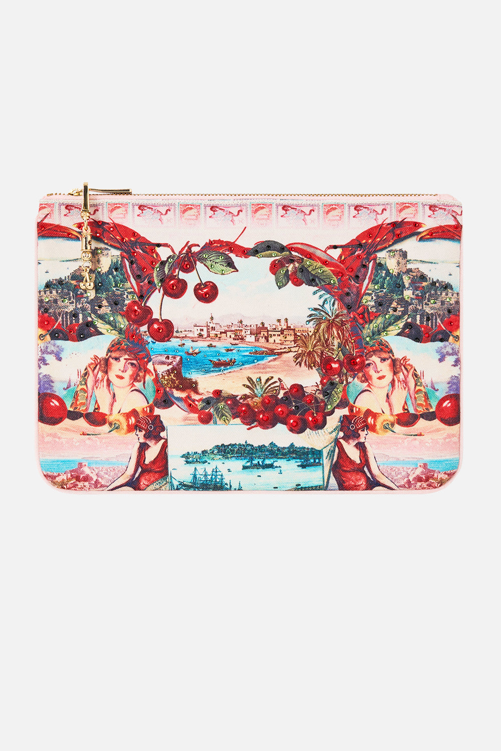 The CAMILLA small canvas clutch from our print notes from the road, front product view