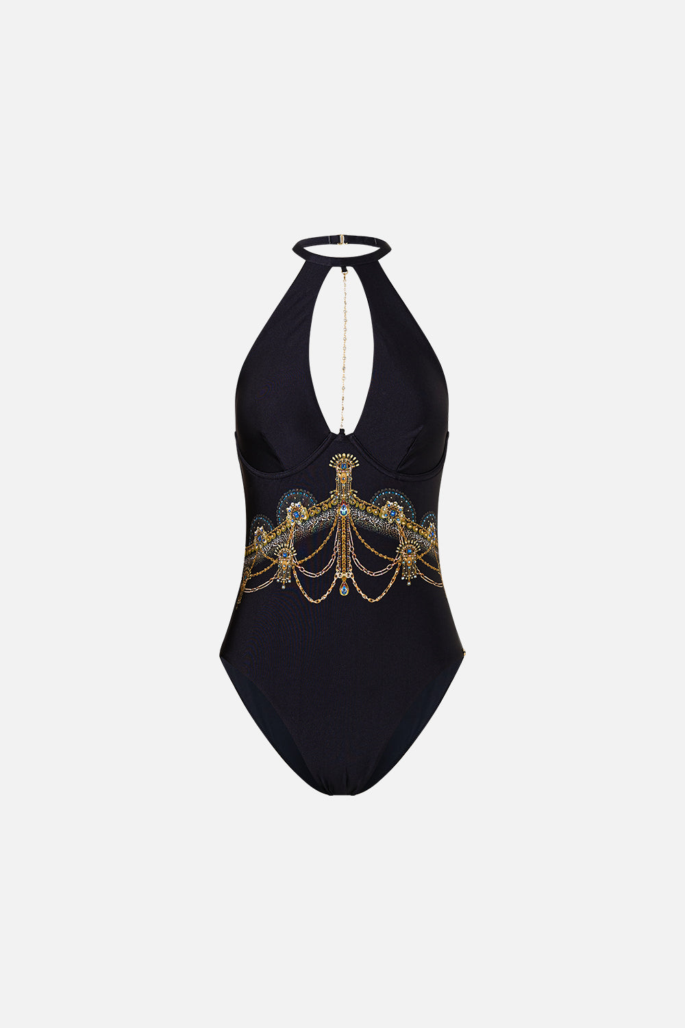 The CAMILLA high neck halter underwire one piece with chain from our print song of the solstice, front product view