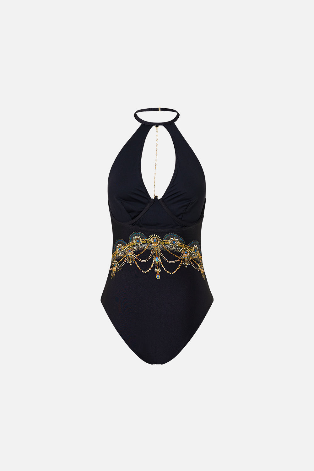 The CAMILLA high neck halter underwire one piece with chain from our print song of the solstice, back product view