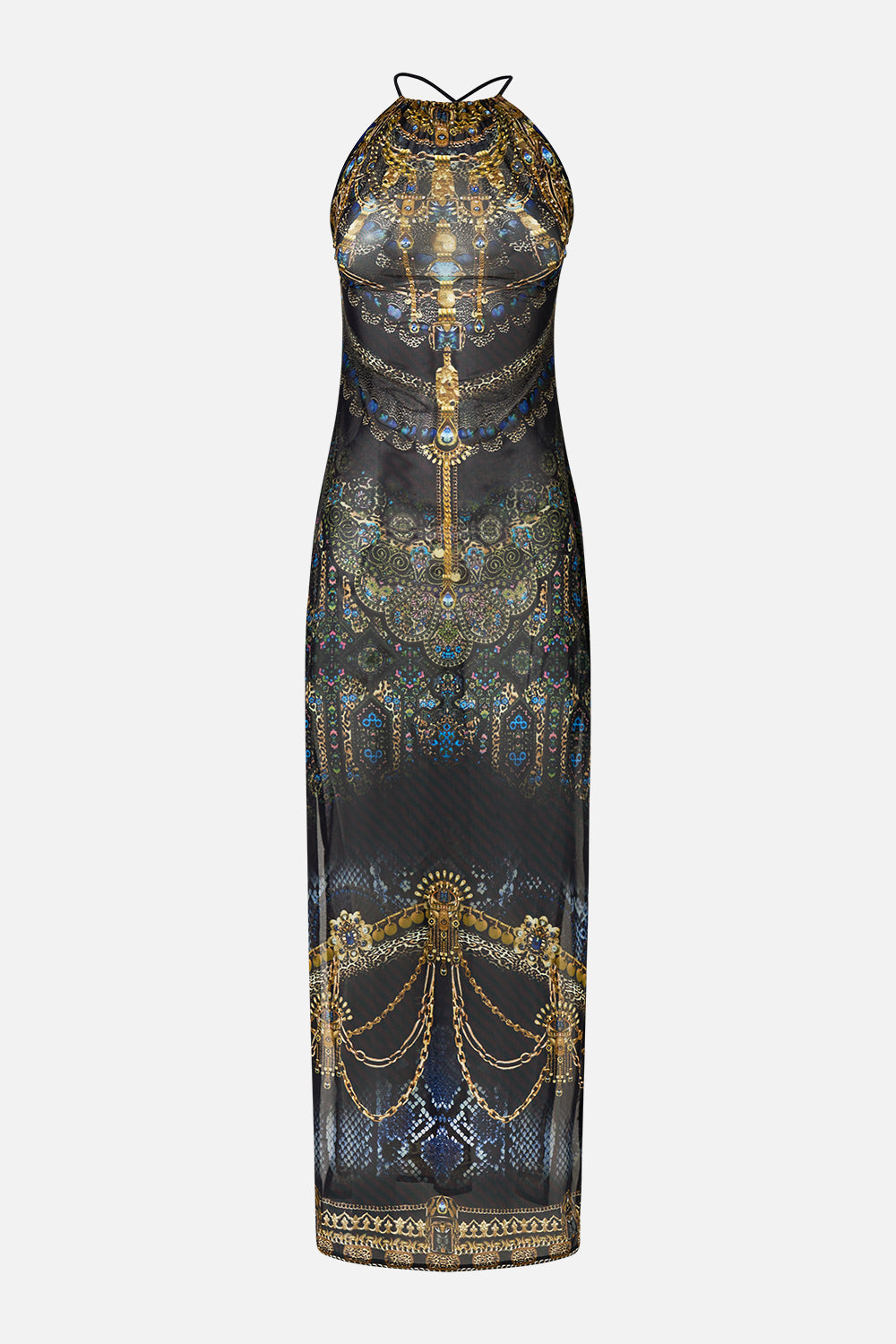 The CAMILLA high neck beach maxi dress with tie back from our print song of the solstice, front product view