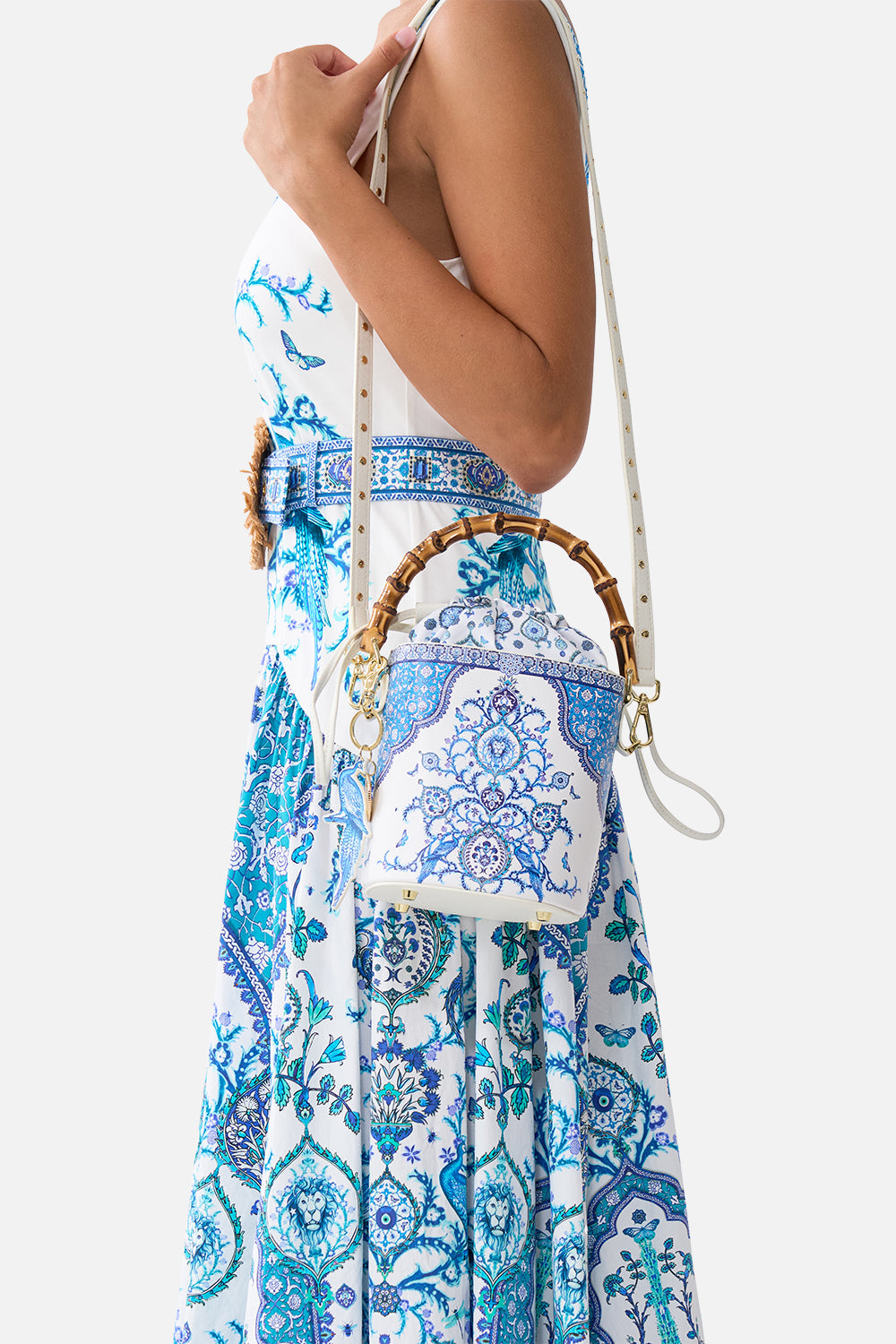 The CAMILLA drawstring bucket bag with keyring from our print Isnik lullaby, back model view