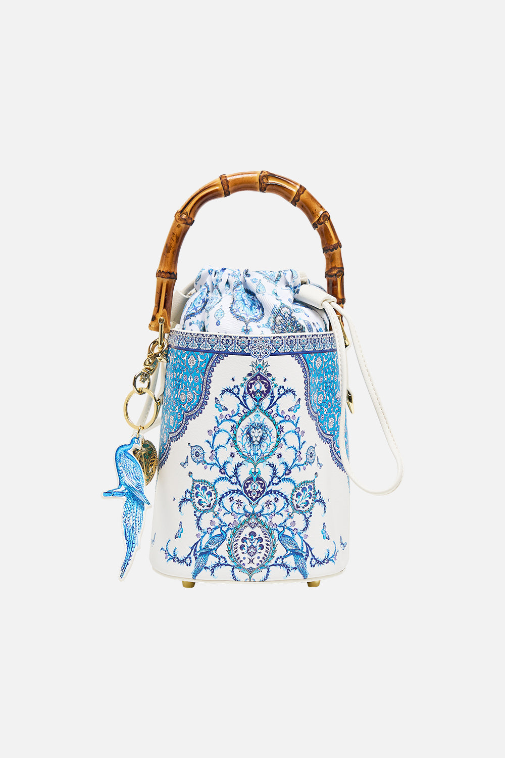 The CAMILLA drawstring bucket bag with keyring from our print Isnik lullaby, front product view