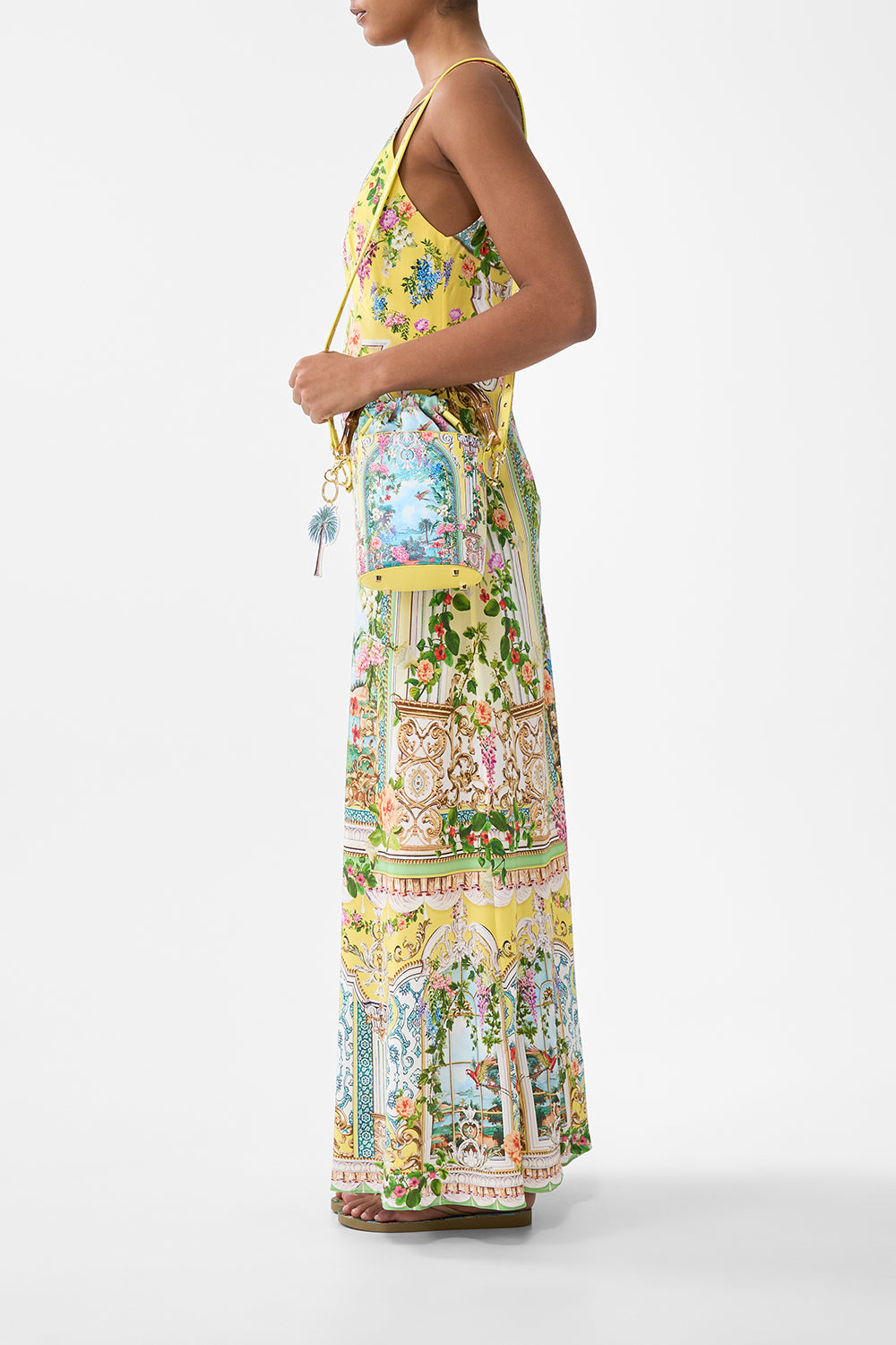 The CAMILLA DRAWSTRING BUCKET BAG WITH KEYRING TALES OF TOPKAPI PALACE in our  print.