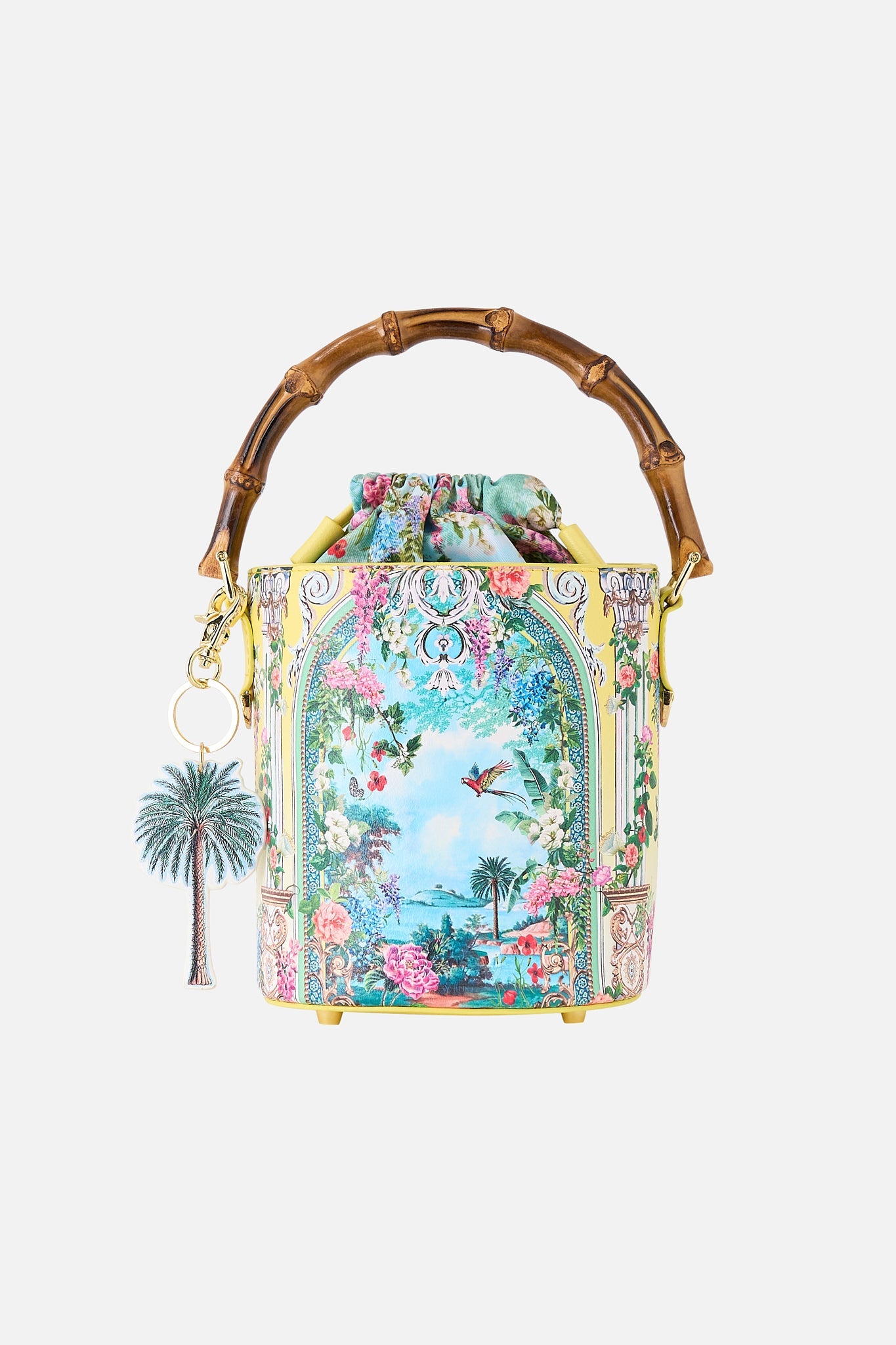 The CAMILLA DRAWSTRING BUCKET BAG WITH KEYRING TALES OF TOPKAPI PALACE in our  print.