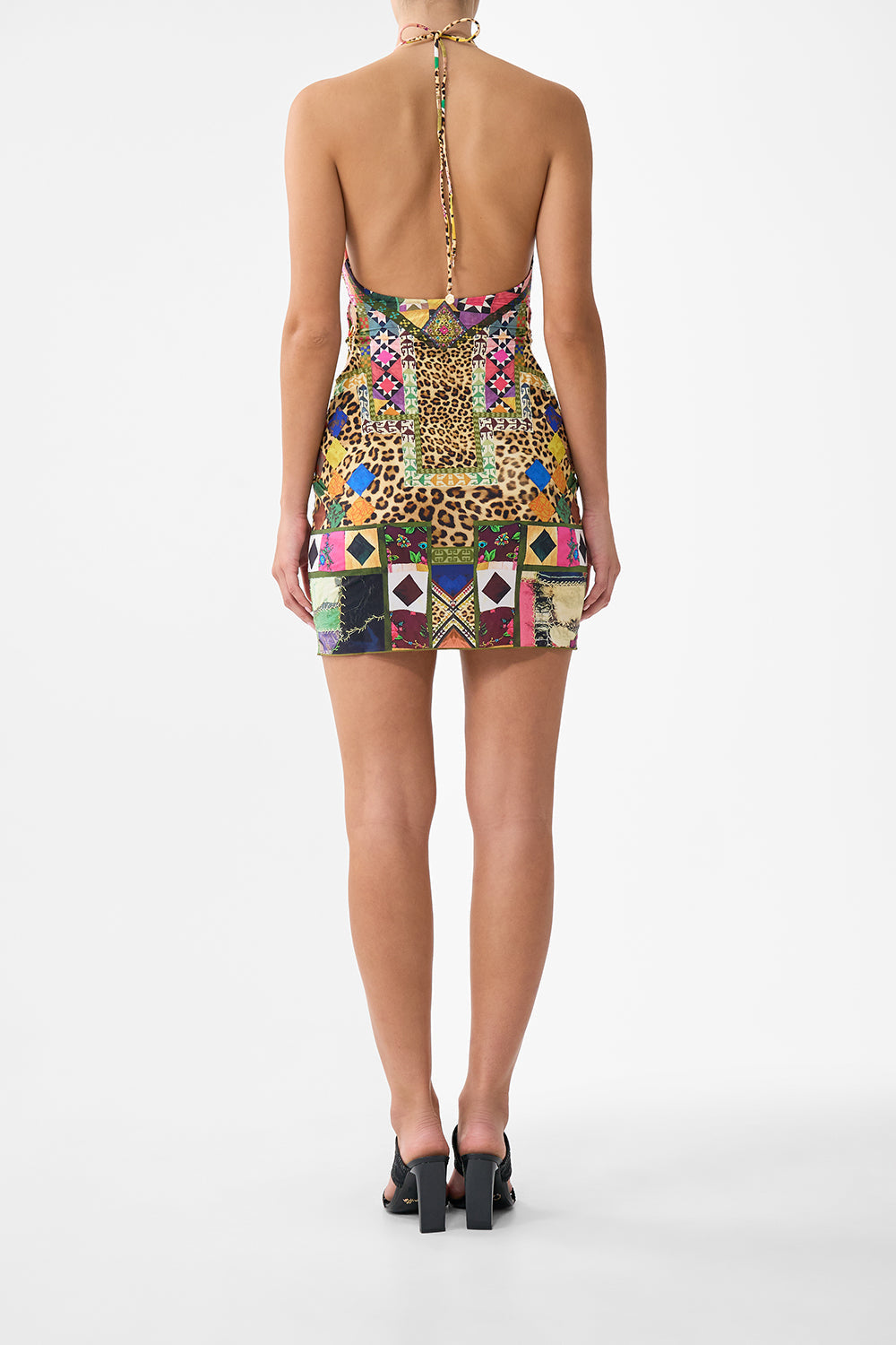 HALTER BEACH MINI DRESS W CUT OUT WAIST TRIM EMBROIDERED EVER AFTER