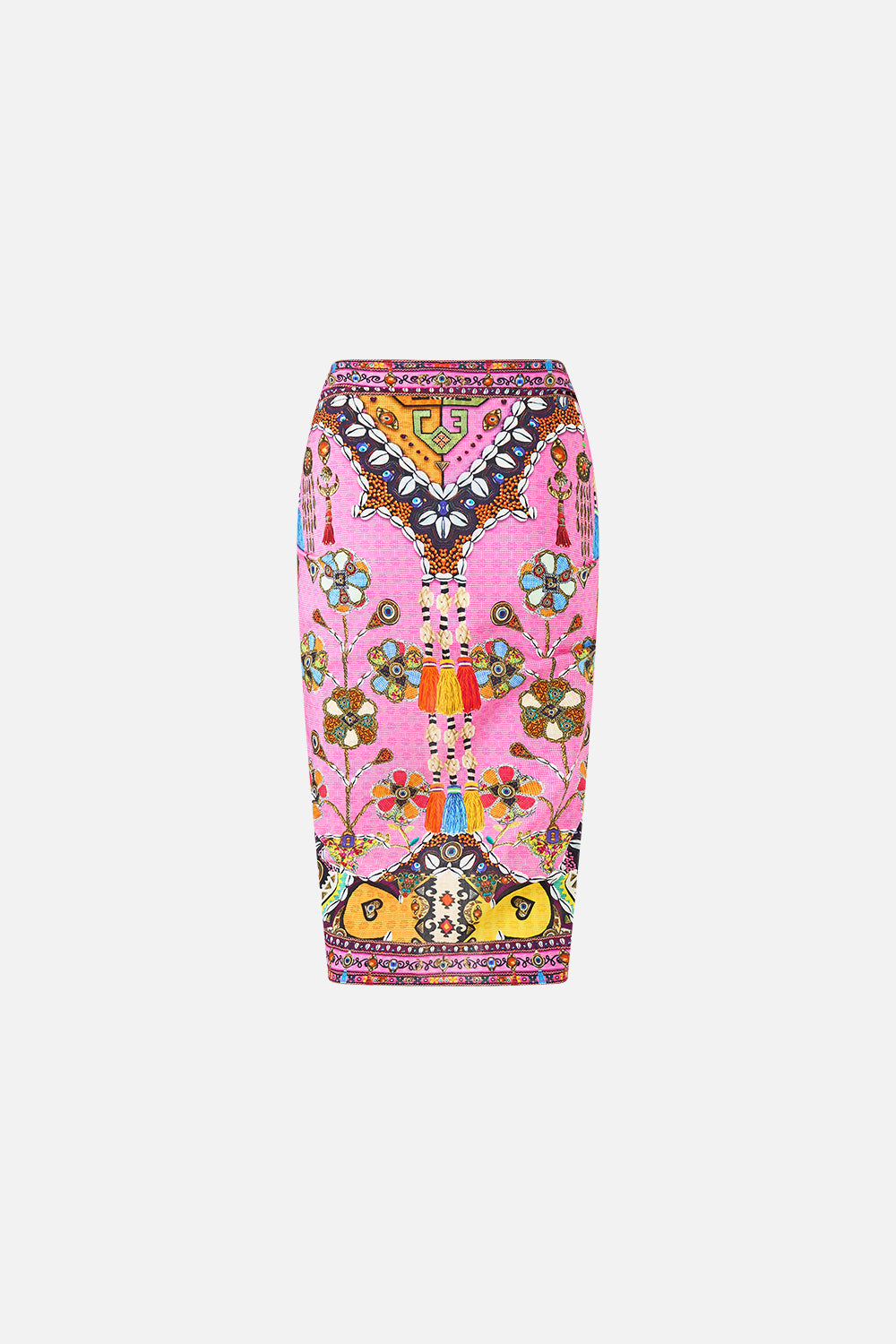 The CAMILLA woven short sarong with tassels from our print patchwork panorama, back product view