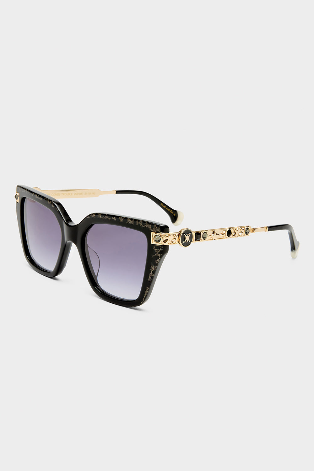 HERE COMES TROUBLE SUNGLASSES BLACK / GOLD LEOPARD GLITTER
