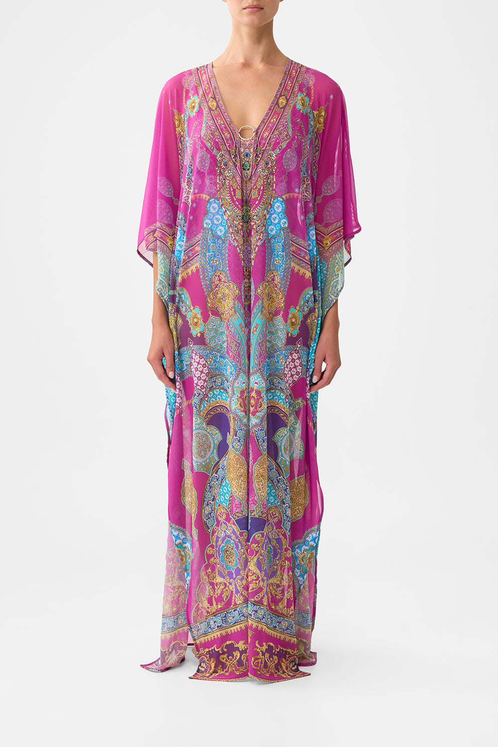 The CAMILLA long v neck kaftan with ring front trim from our print concubines, sultans & courtiers