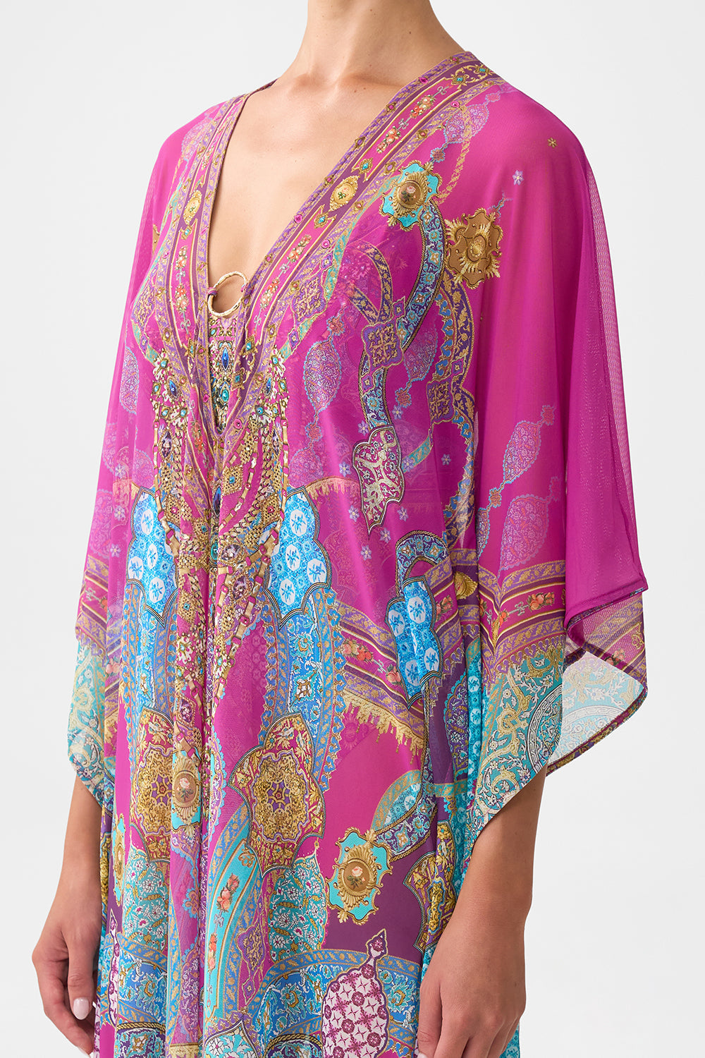 The CAMILLA long v neck kaftan with ring front trim from our print concubines, sultans & courtiers