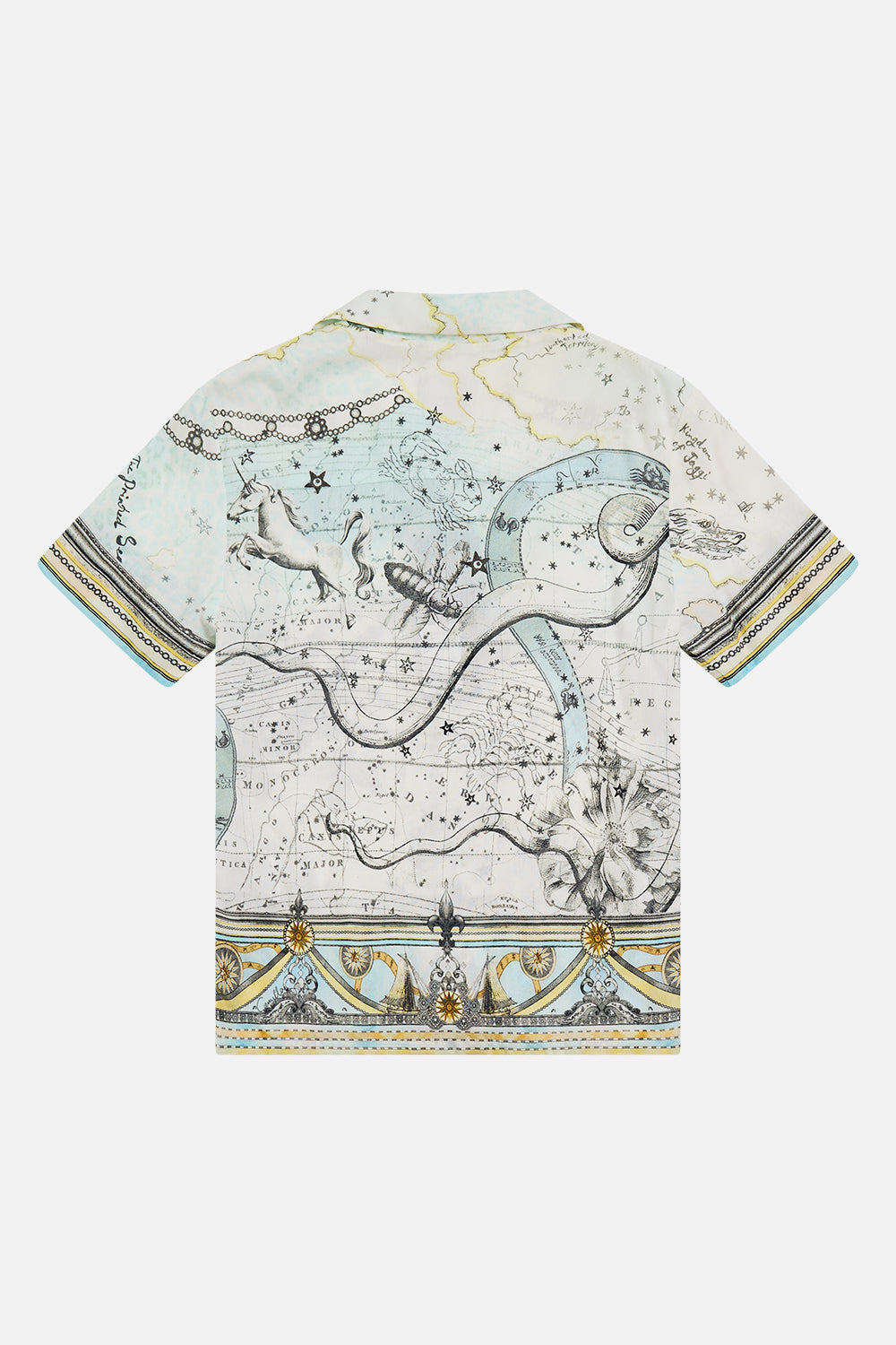 The CAMILLA BOYS SHORT SLEEVE CAMP COLLARED SHIRT MY LUCKY STARS in our  print.
