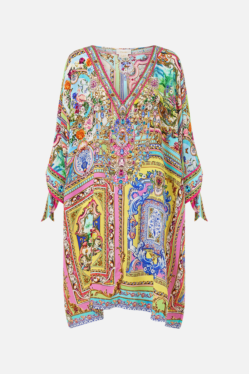 The CAMILLA TIE SLEEVE SHORT V NECK KAFTAN SPIRIT OF SANTA MARIA in our  print.