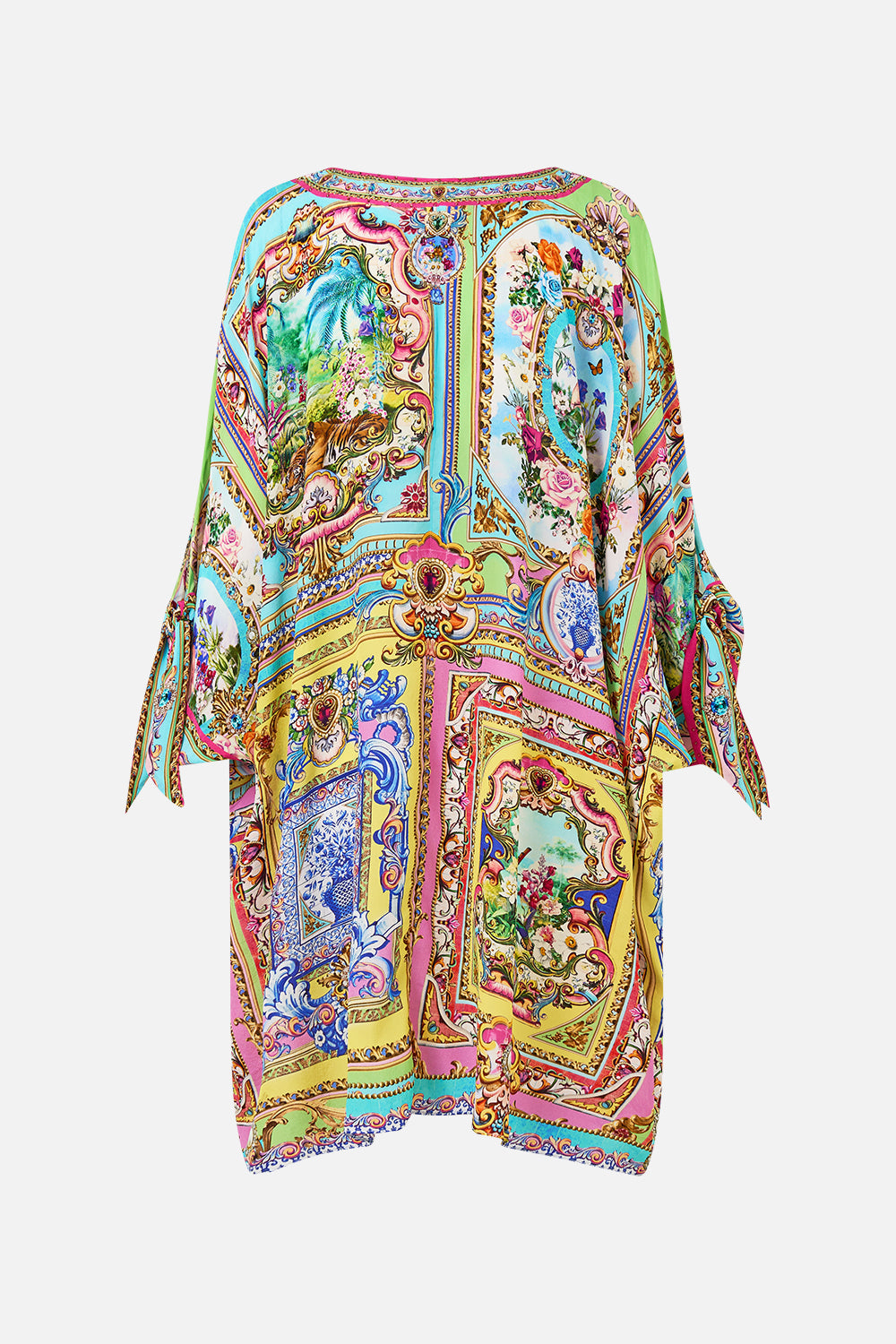 The CAMILLA TIE SLEEVE SHORT V NECK KAFTAN SPIRIT OF SANTA MARIA in our  print.