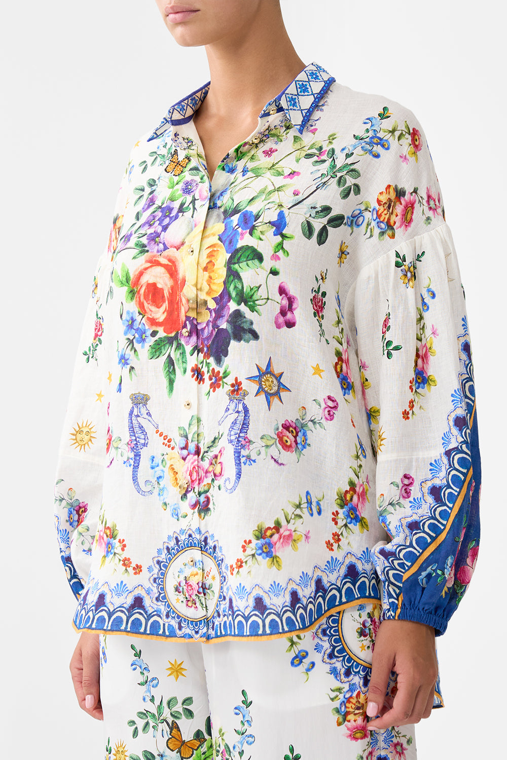 The CAMILLA BALLOON SLEEVE BLOUSE TILES DARLS in our  print.