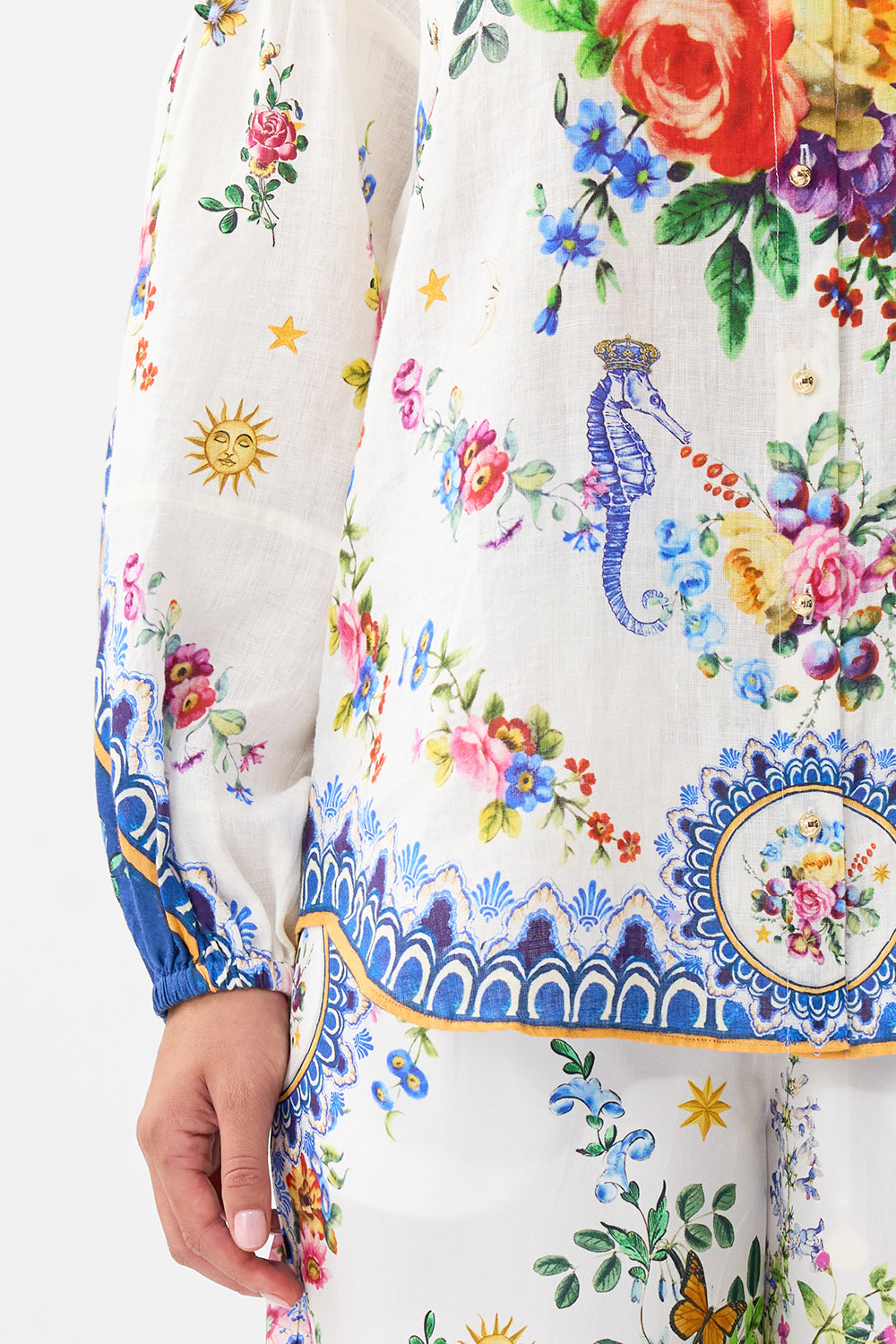 The CAMILLA BALLOON SLEEVE BLOUSE TILES DARLS in our  print.
