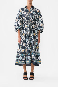 The CAMILLA Waist Tie Shirt Dress With Bubble Sleeve in our Folk Afloat print.