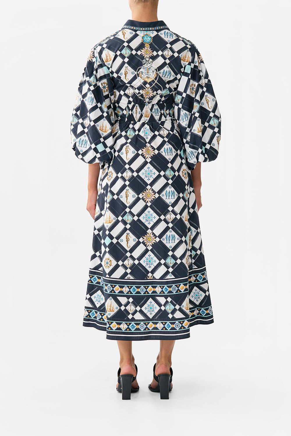 The CAMILLA Waist Tie Shirt Dress With Bubble Sleeve in our Folk Afloat print.