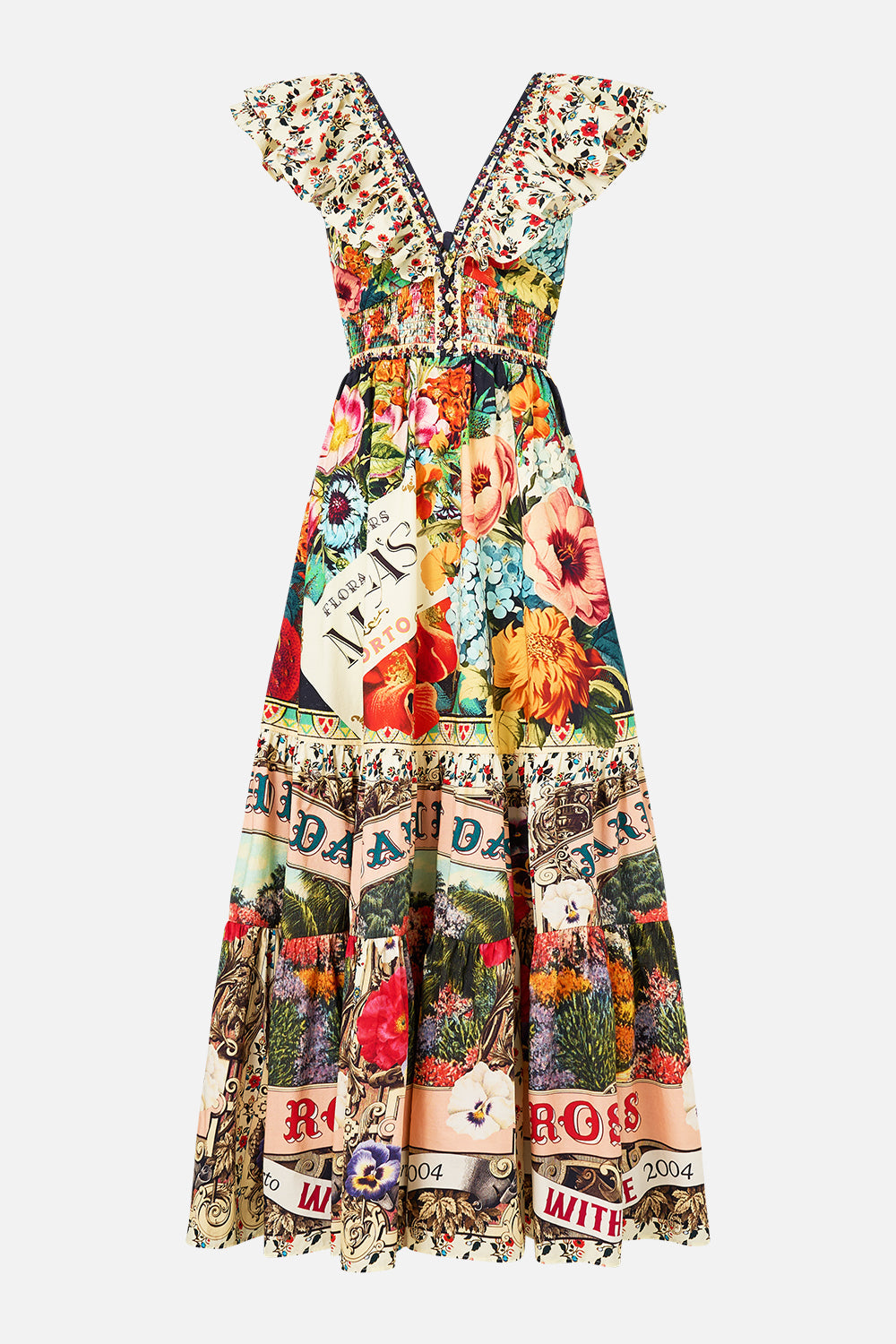 The CAMILLA Tiered Dress With Neck Frill in our Aromatic Amor print.