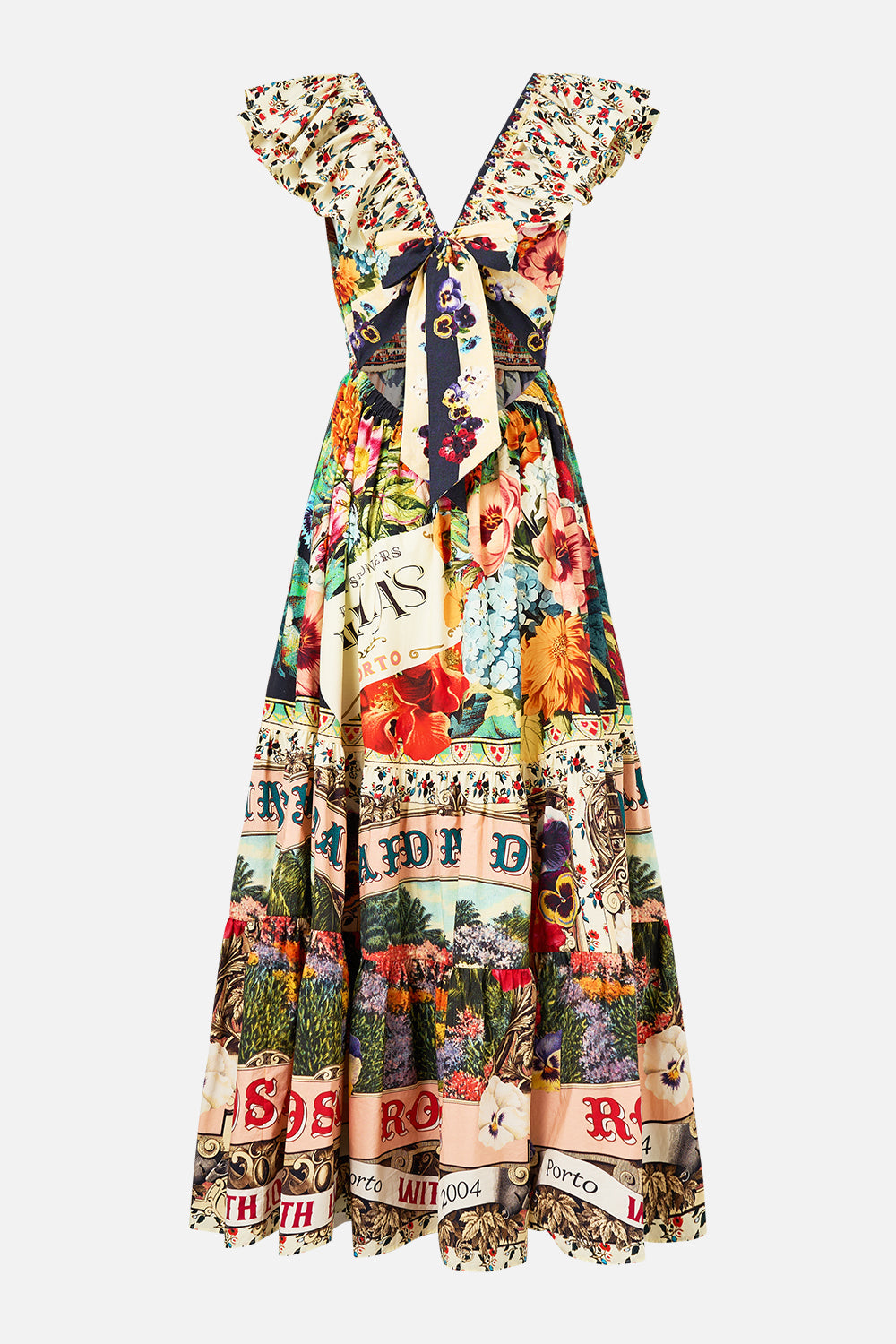 The CAMILLA Tiered Dress With Neck Frill in our Aromatic Amor print.